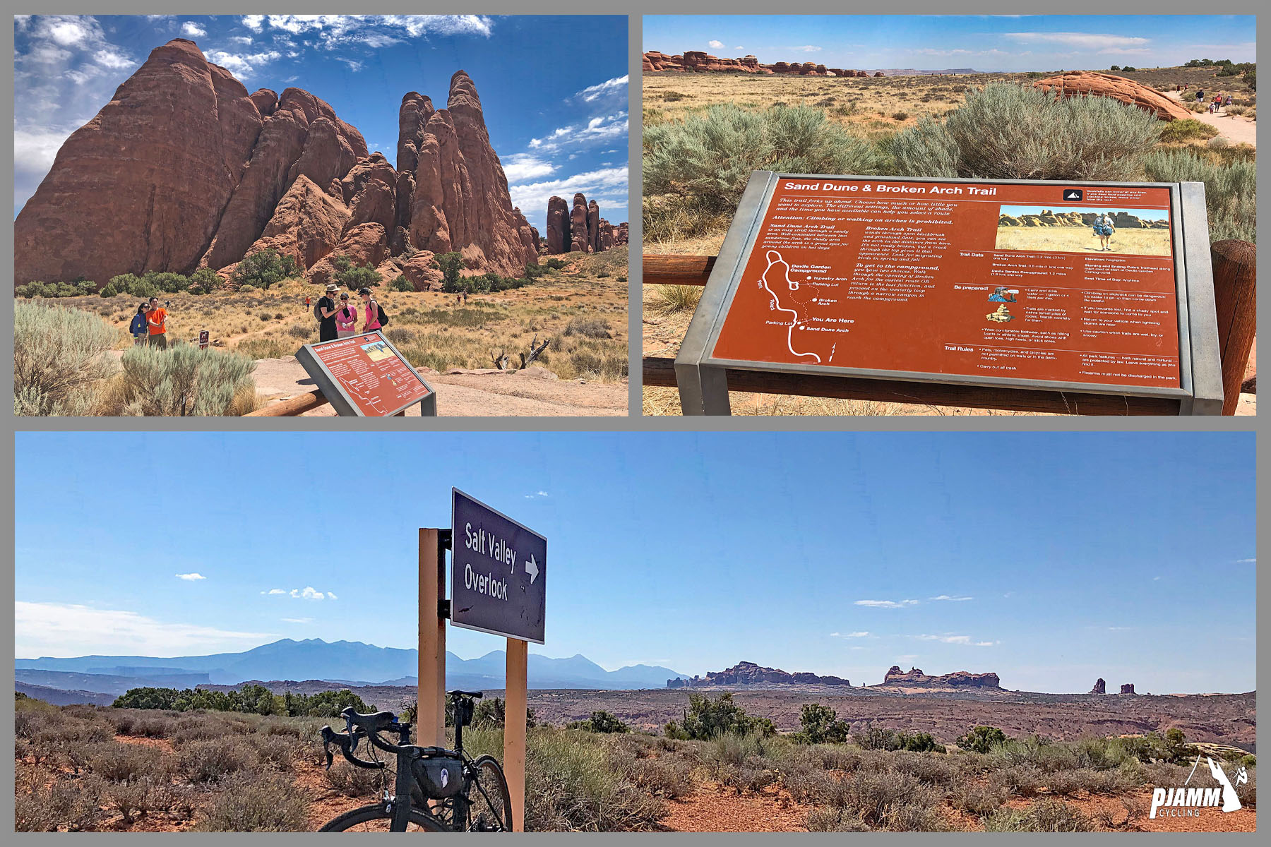 Cycling Arches National Park, Utah - photo collage, PJAMM Cycling logo in corner, views and informational signs at Sand Dune Arch Trail and Broken Arch Trail