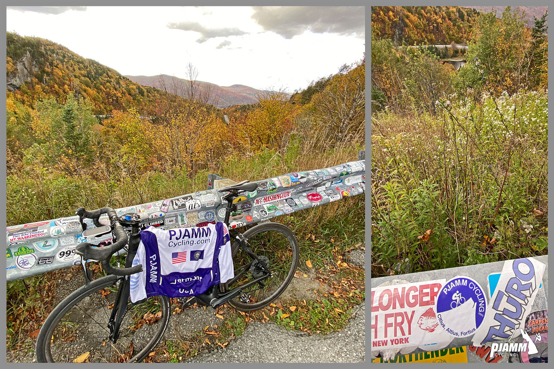 Cycling Appalachian Gap East, Vermont - bike parked against guardrail covered in stickers, PJAMM Cycling jersey draped over bike