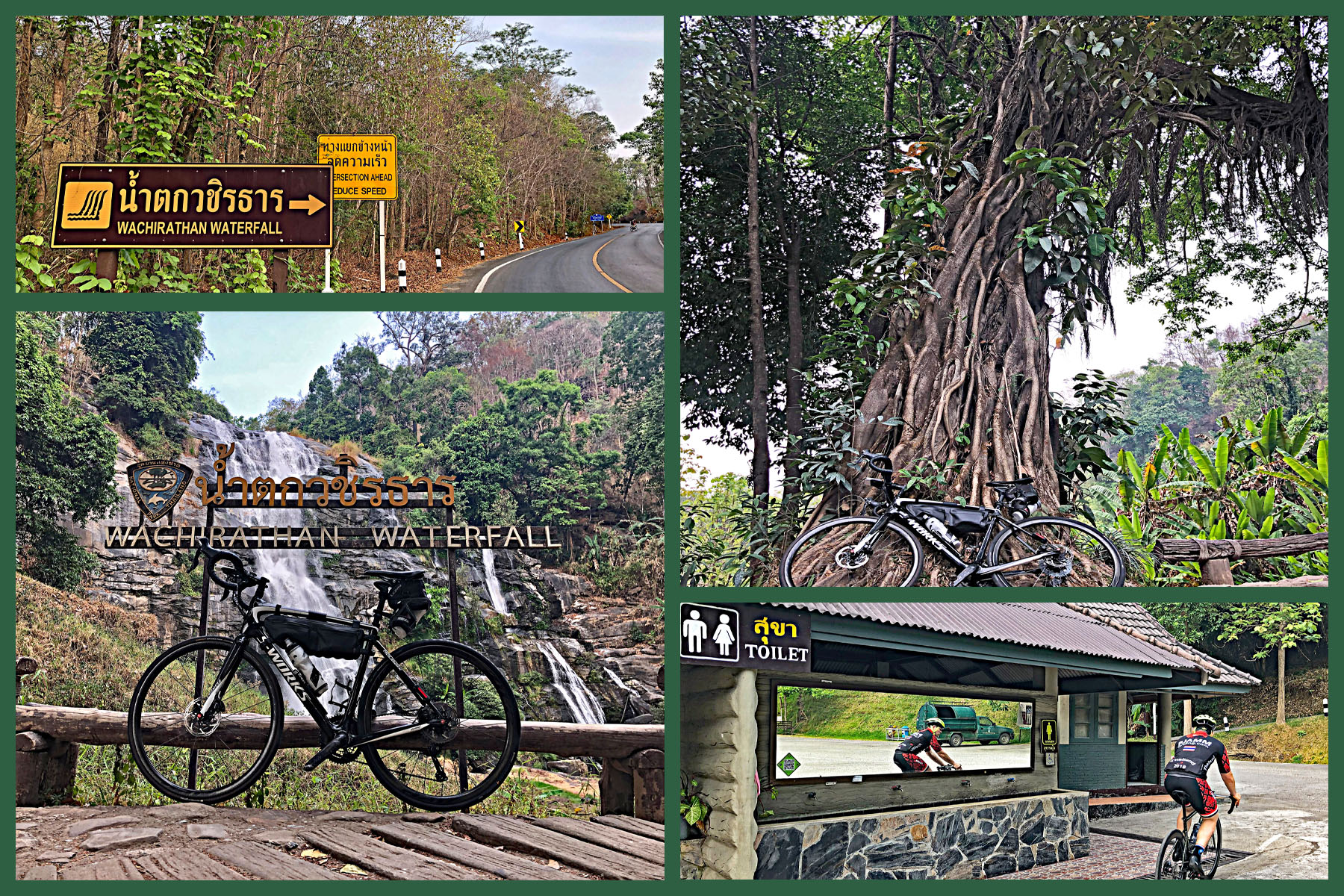 Bicycle ride up Doi Inthanon - roadway,  roadway sign with bike leaning against it - mountains in background