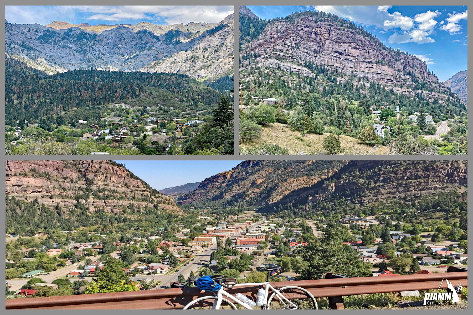 Cycling Red Mountain, Ouray, Colorado - photo collage, PJAMM Cycling logo in corner, bike parked against guardrail on roadway overlooking town of Ouray, valley with lots of trees where Ouray is, surrounded by tall mountains