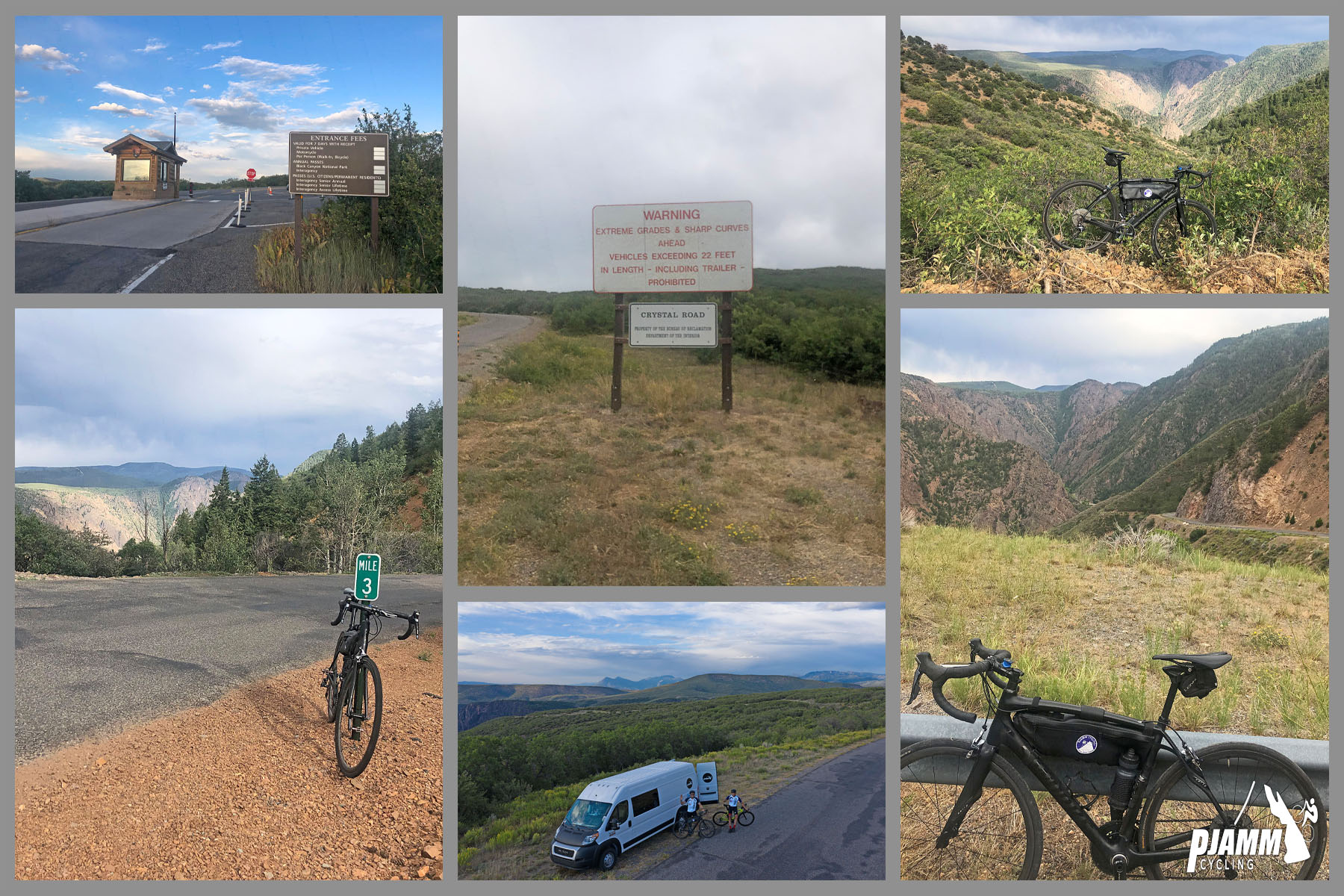 Cycling East Portal, Colorado - photo collage, PJAMM Cycling logo in corner, views along the climb