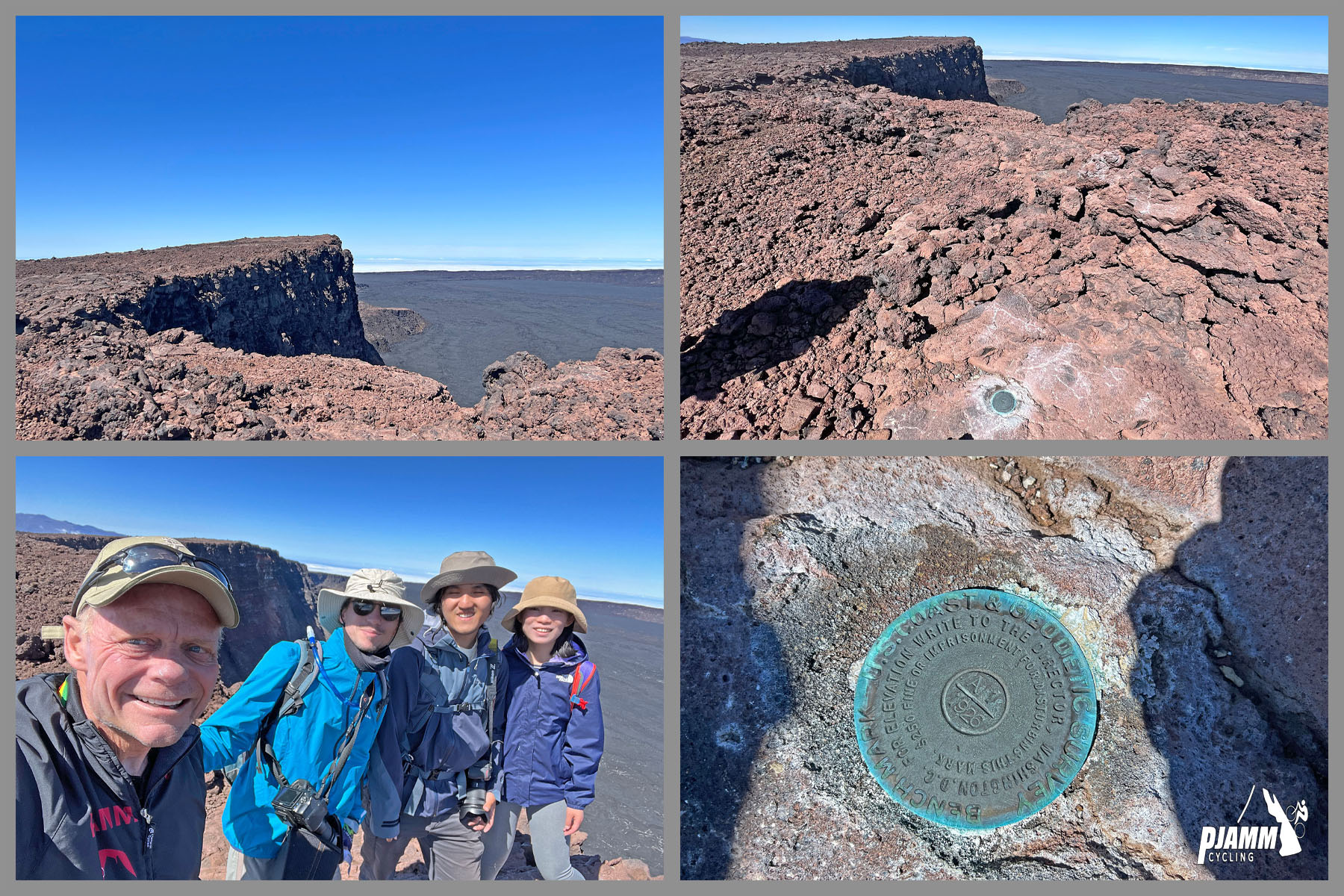 photo collage shows PJAMM Cyclists hiking at Caldera
