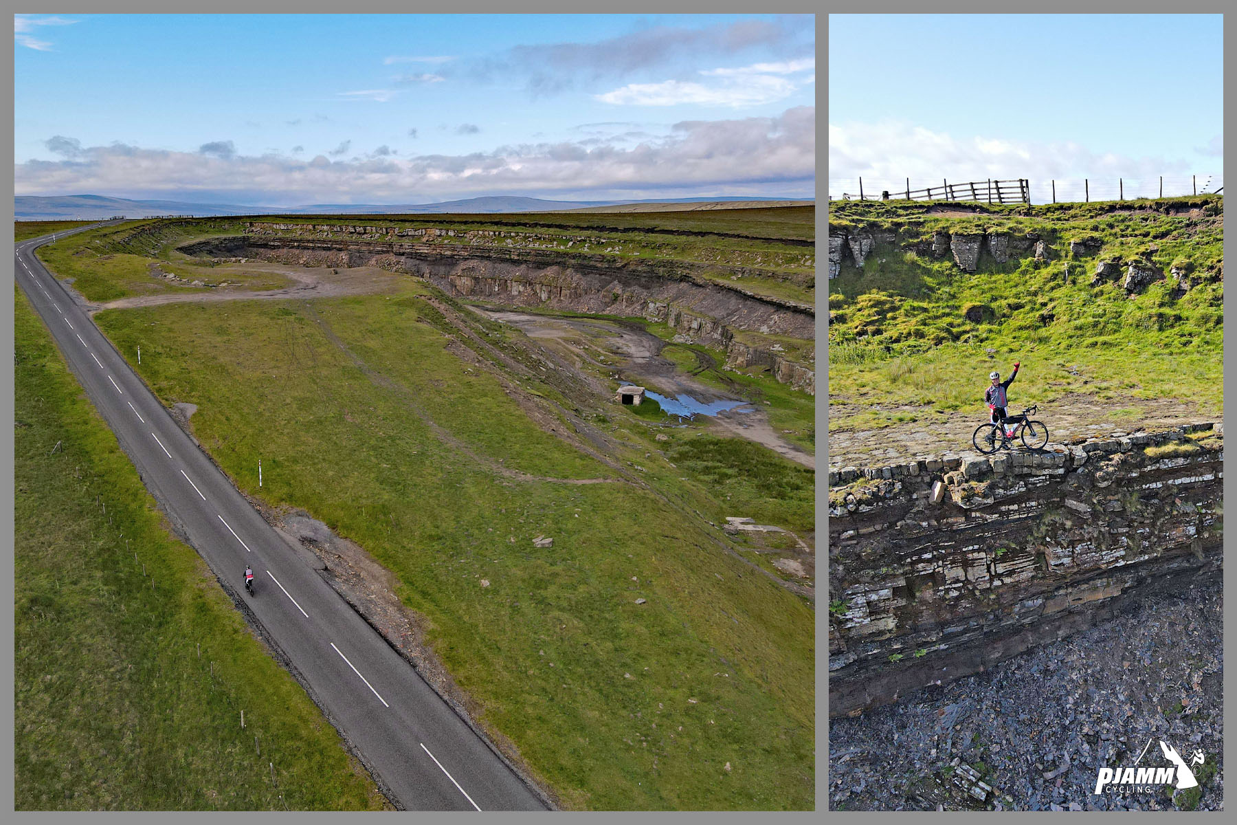 aerial drone view shows PJAMM Cyclist standing with bike atop the abandoned Harthope Moss Quarries