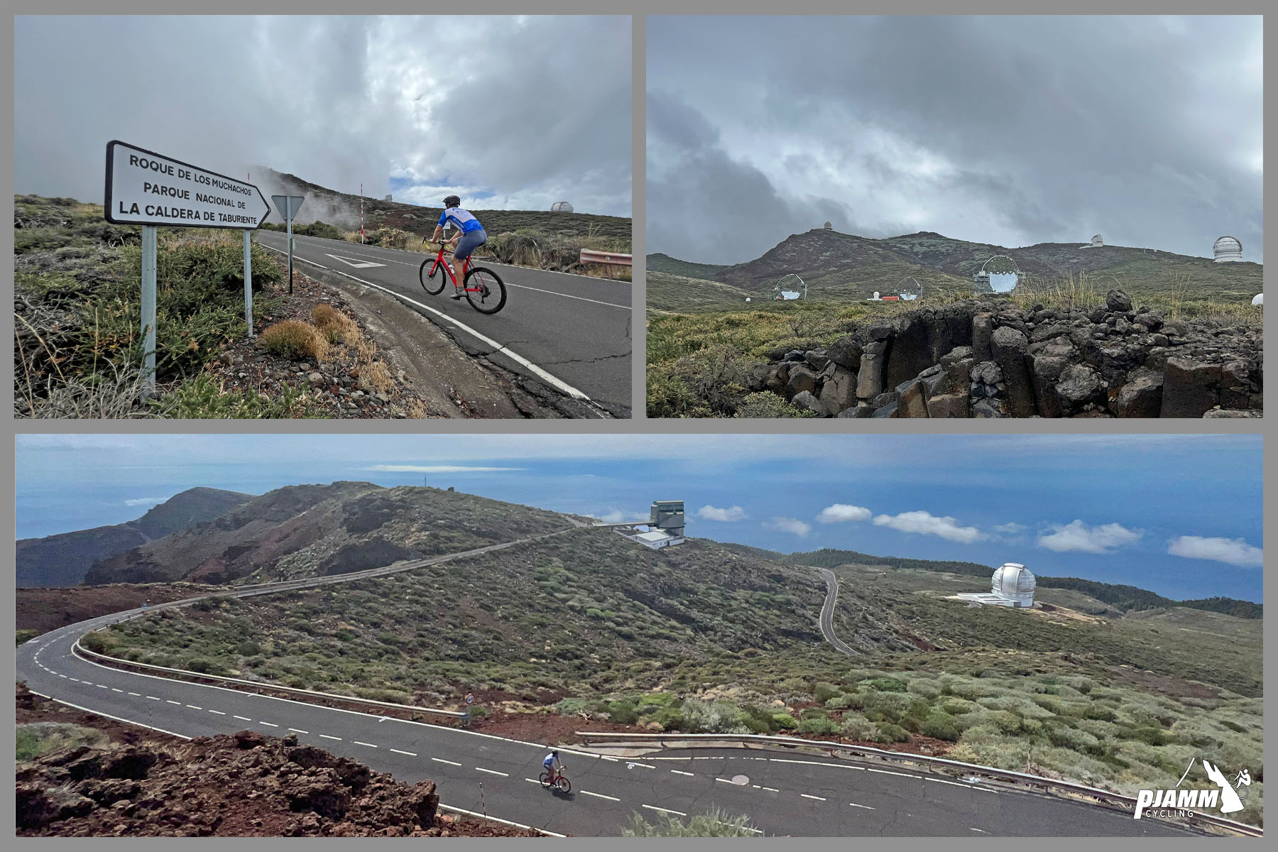 photo collage shows PJAMM cyclist riding on two-lane highway roadway approaching observatory on Roque de los Muchachos climb