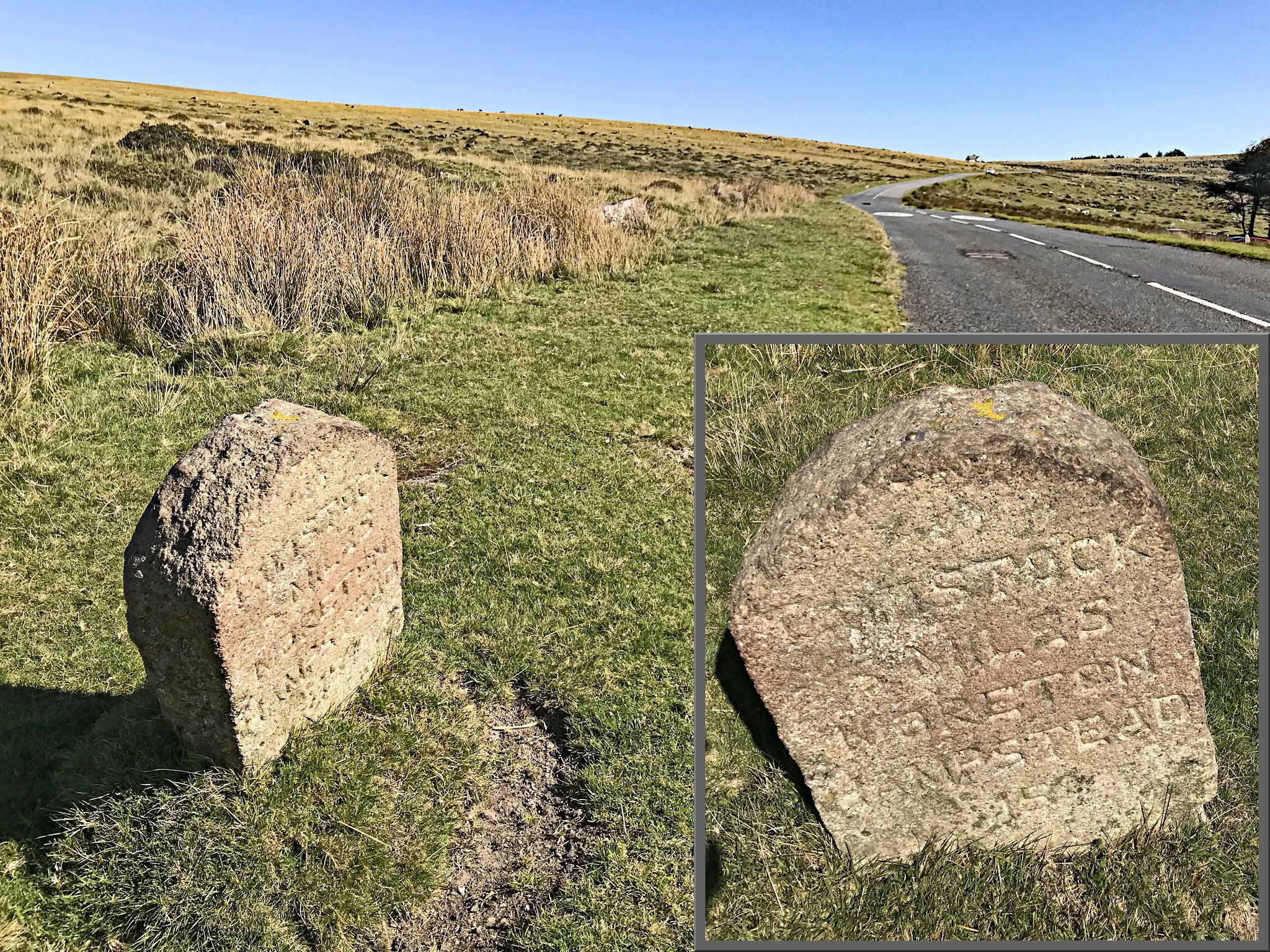 Cycling Rundlestone, England - small old stone monument of some sort along roadway nestled in grass