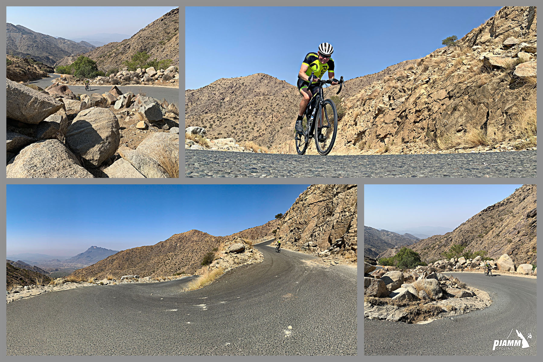 Cycling Sinan Road (Al Meger), Saudi Arabia - photo collage shows PJAMM Cyclist John Johnson cycling up hairpins in roadway