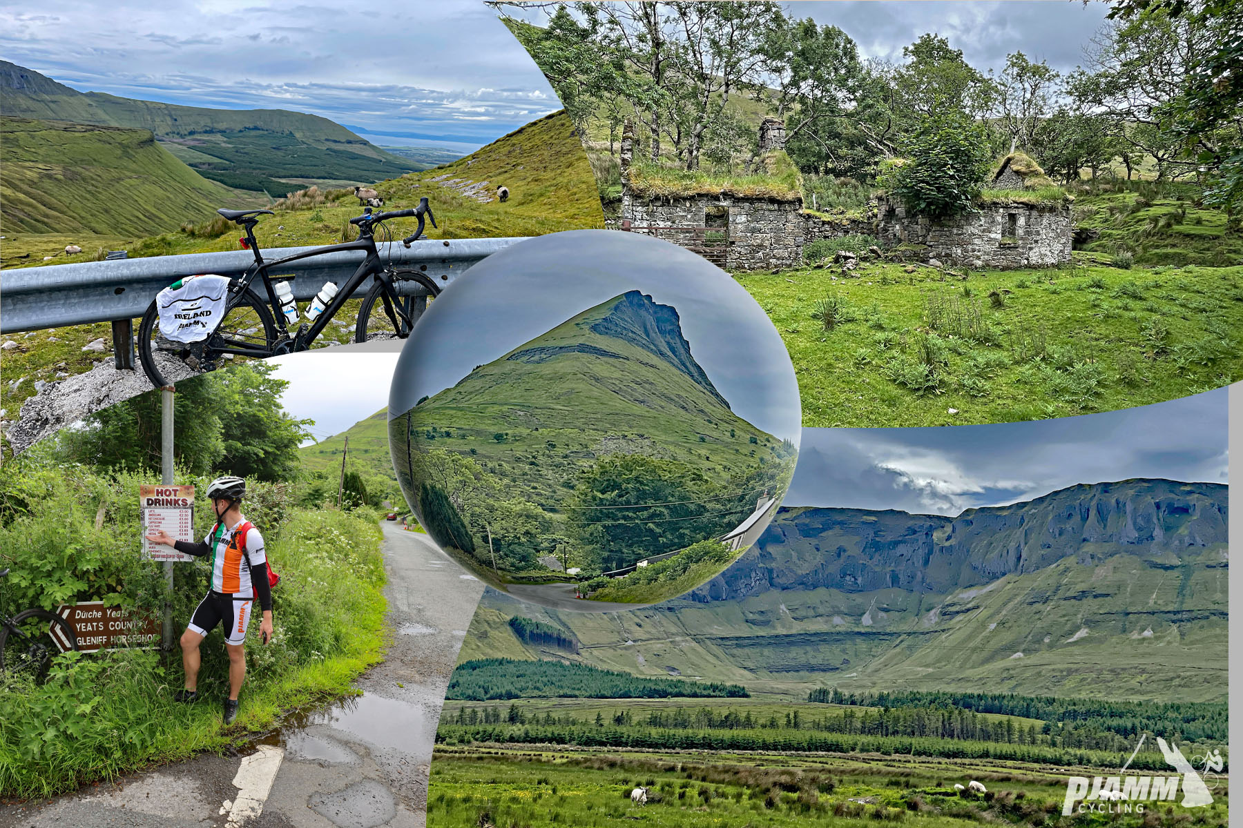photo collage shows old stone farm buildings, green pastureland and hillsides, green mountain point in distance