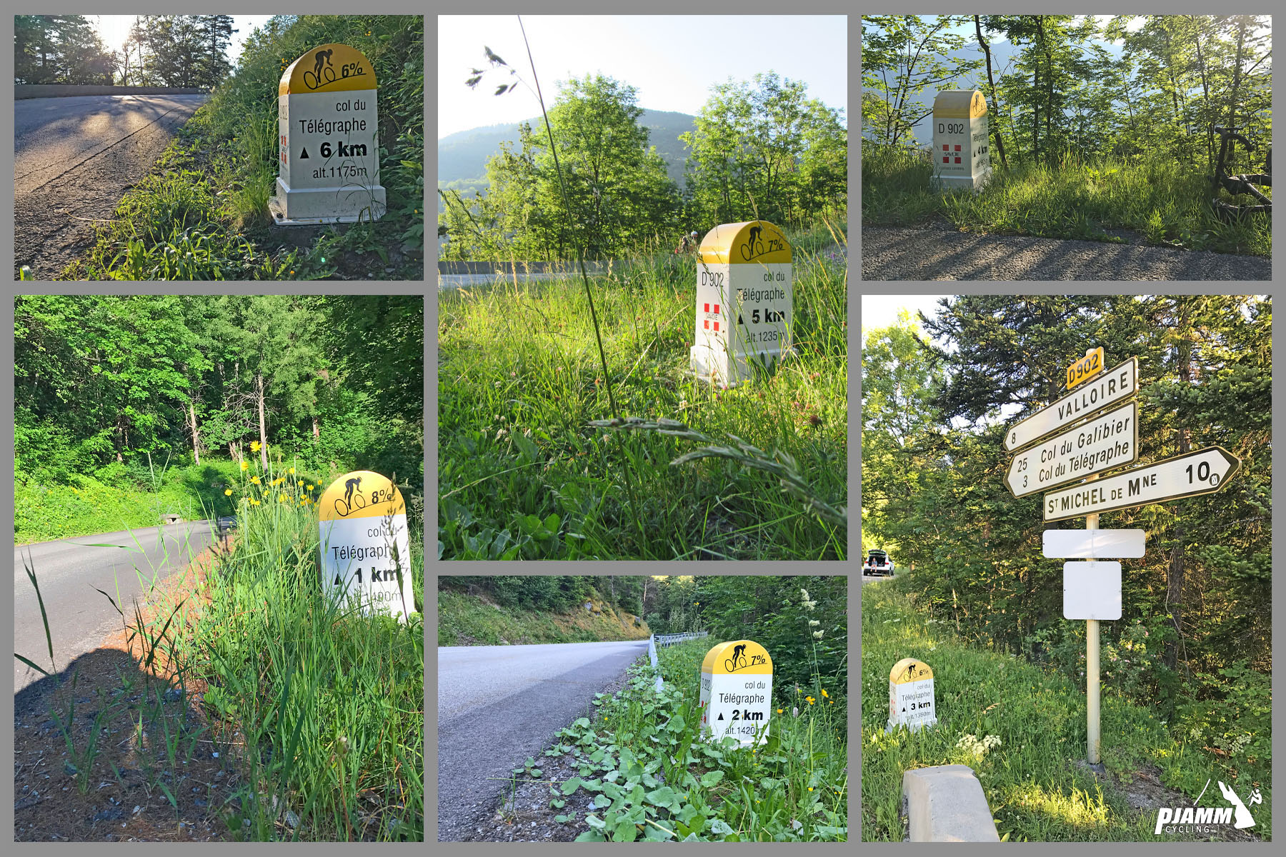 Cycling Col du Télégraphe - photo collage shows kilometer markers along the route