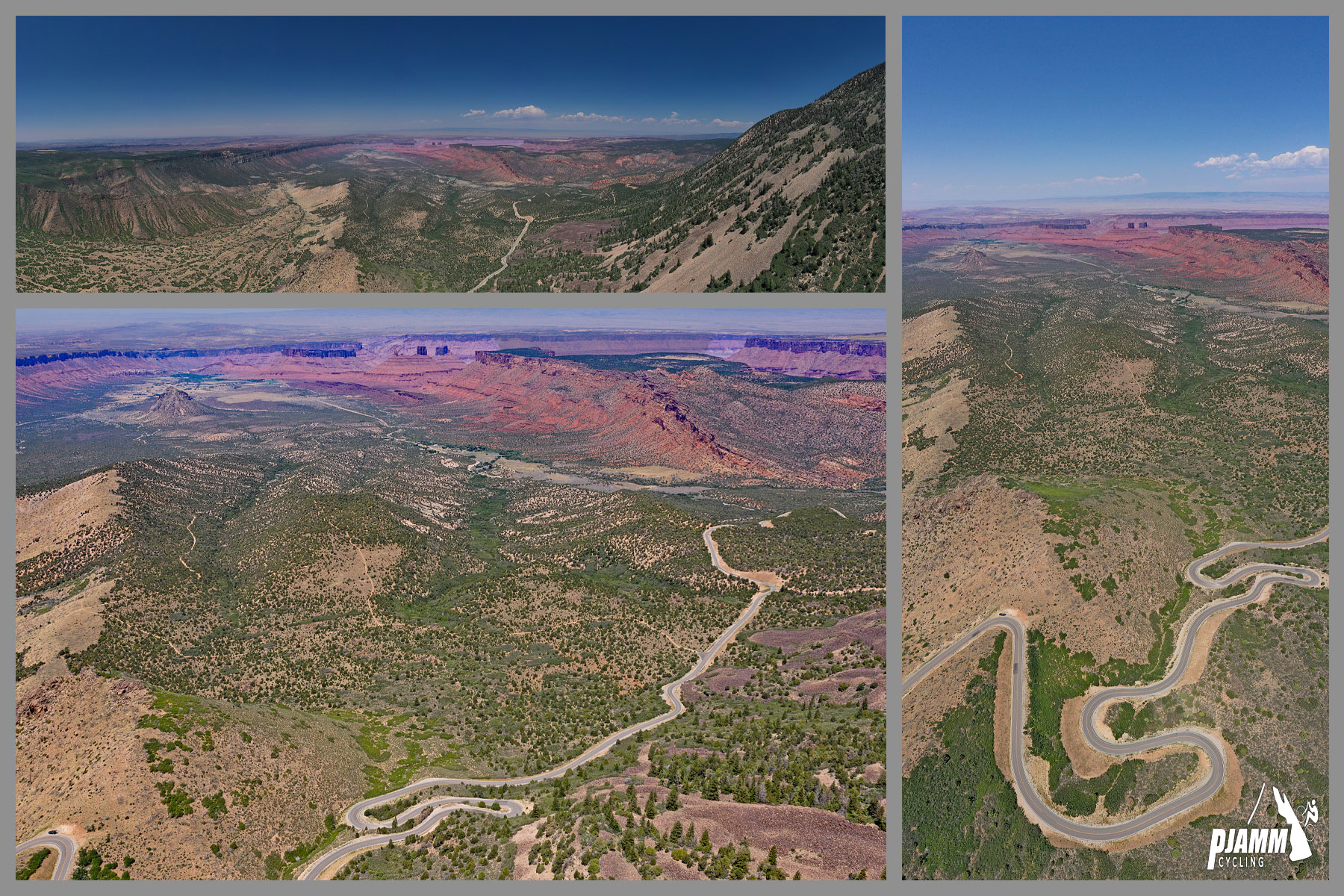 Cycling La Sal Loop Road at Castle Valley - photo collage, PJAMM Cycling logo in corner, aerial views looking down from top of climb, winding roadway below with red bluffs in distance
