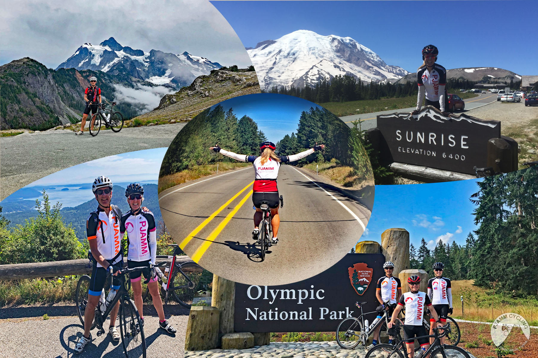 Washington's Top Climbs - photo collage, Mt. Baker, Sunrise Highway (Mt. Rainier), Hurricane Ridge, Mt. Constitution, Highway 129; PJAMM Cycling logo in corner