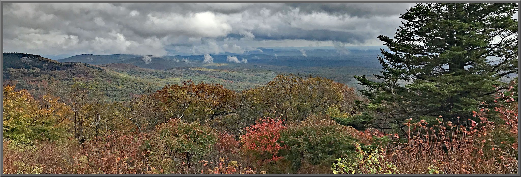 Cycling Pack Monadnock, New Hampshire - view looking down a hillside covered in bright fall foliage, cloud cover
