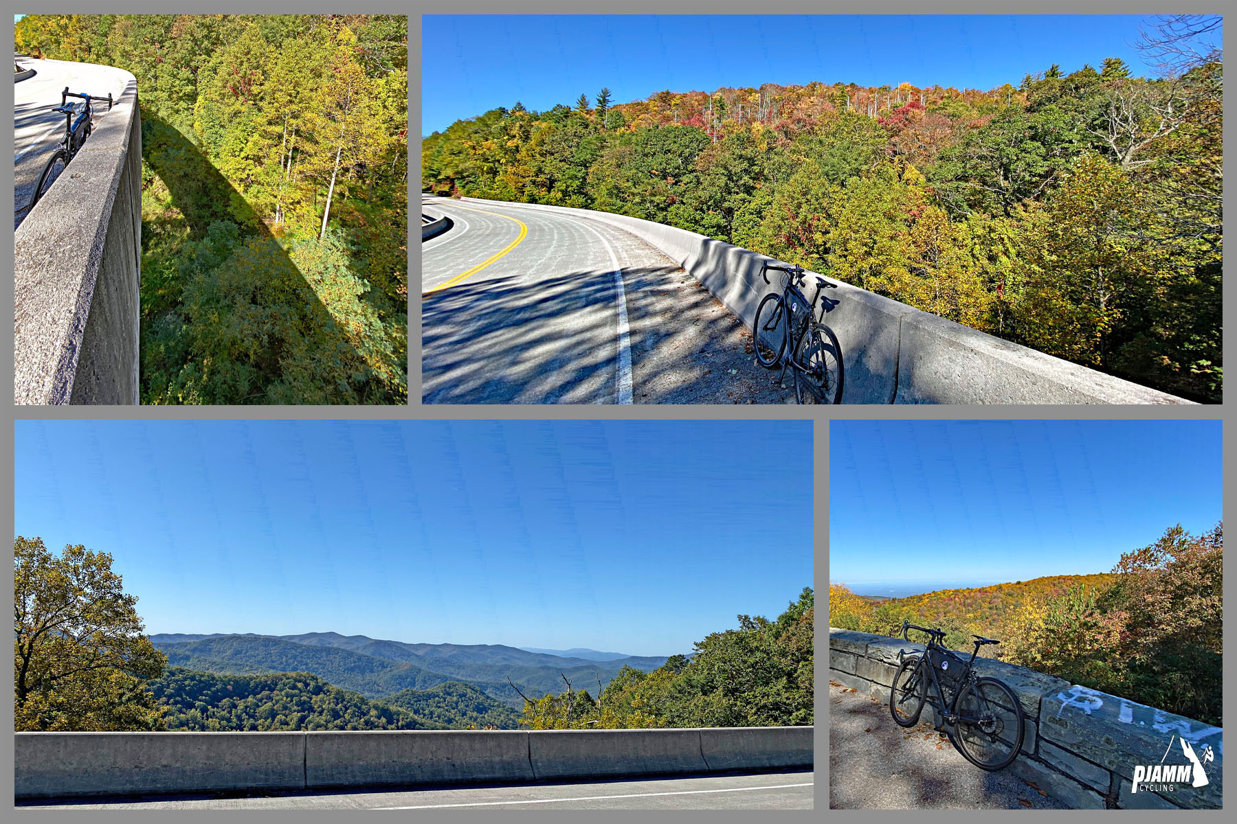 Cycling Cherohala Skyway, Tennessee - photo collage, bike parked on bridge over Laurel Branch, looking down over fall foliage, PJAMM Cycling logo in corner