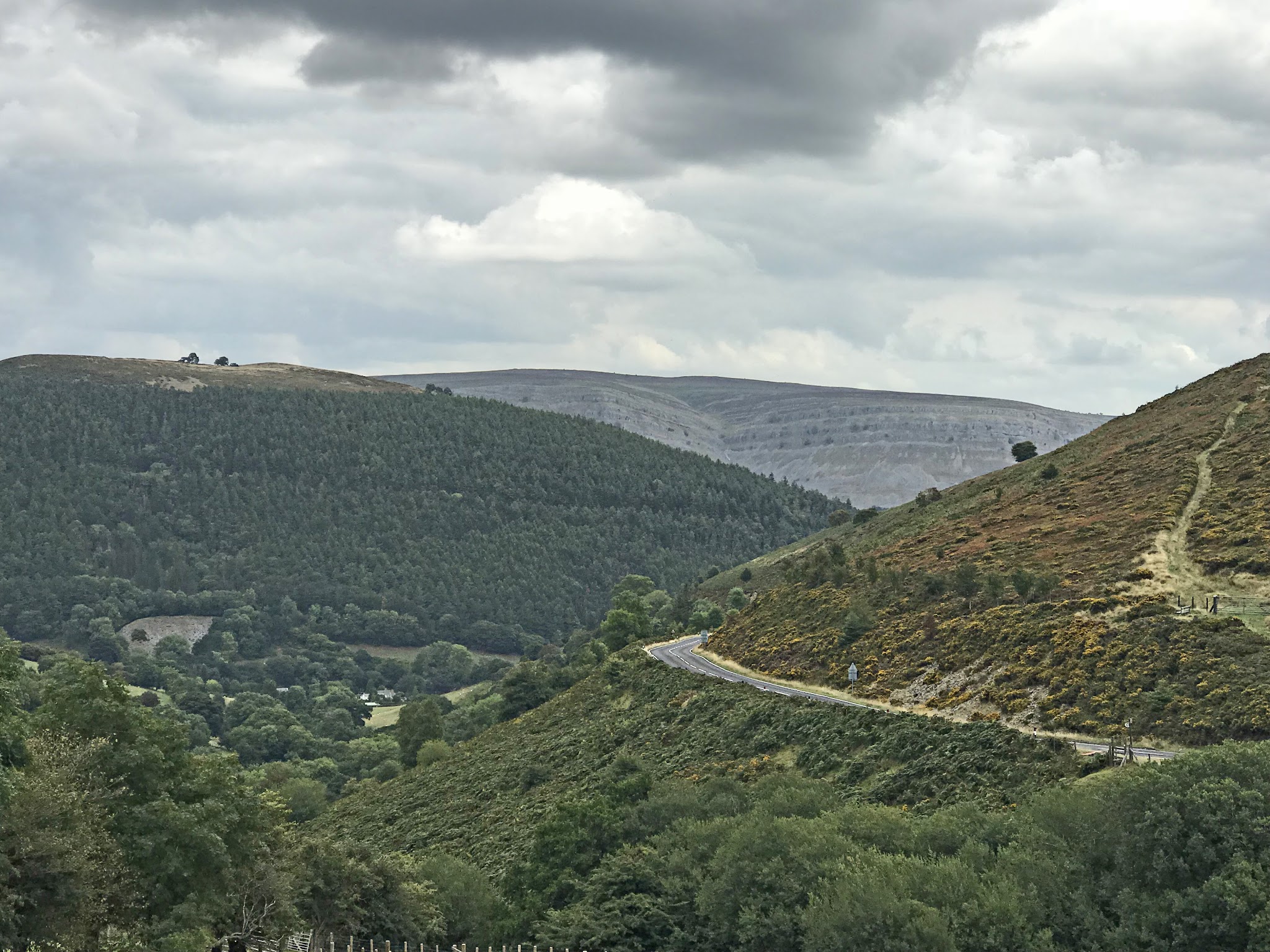 Climbing Horseshoe Pass by bike - distant view of road carved along side of hill covered in green shrubbery