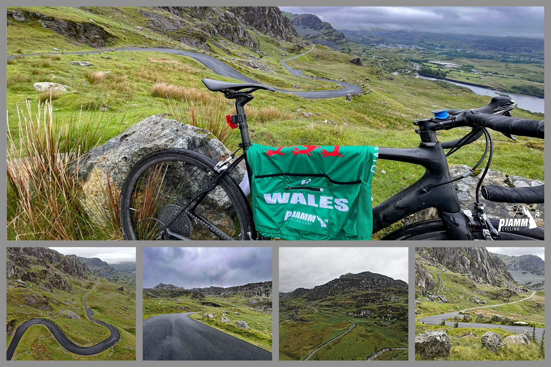 photo collage near the top of climb, roadway snaking up hillside below, green pastureland