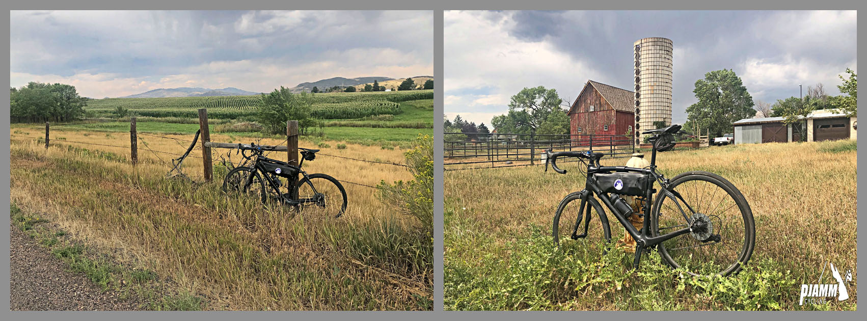 Cycling Rist Canyon East - photo collage, PJAMM Cycling logo in corner, bike parked on roadside in pastureland, rural farm buildings in distance, including old red barn and white silo