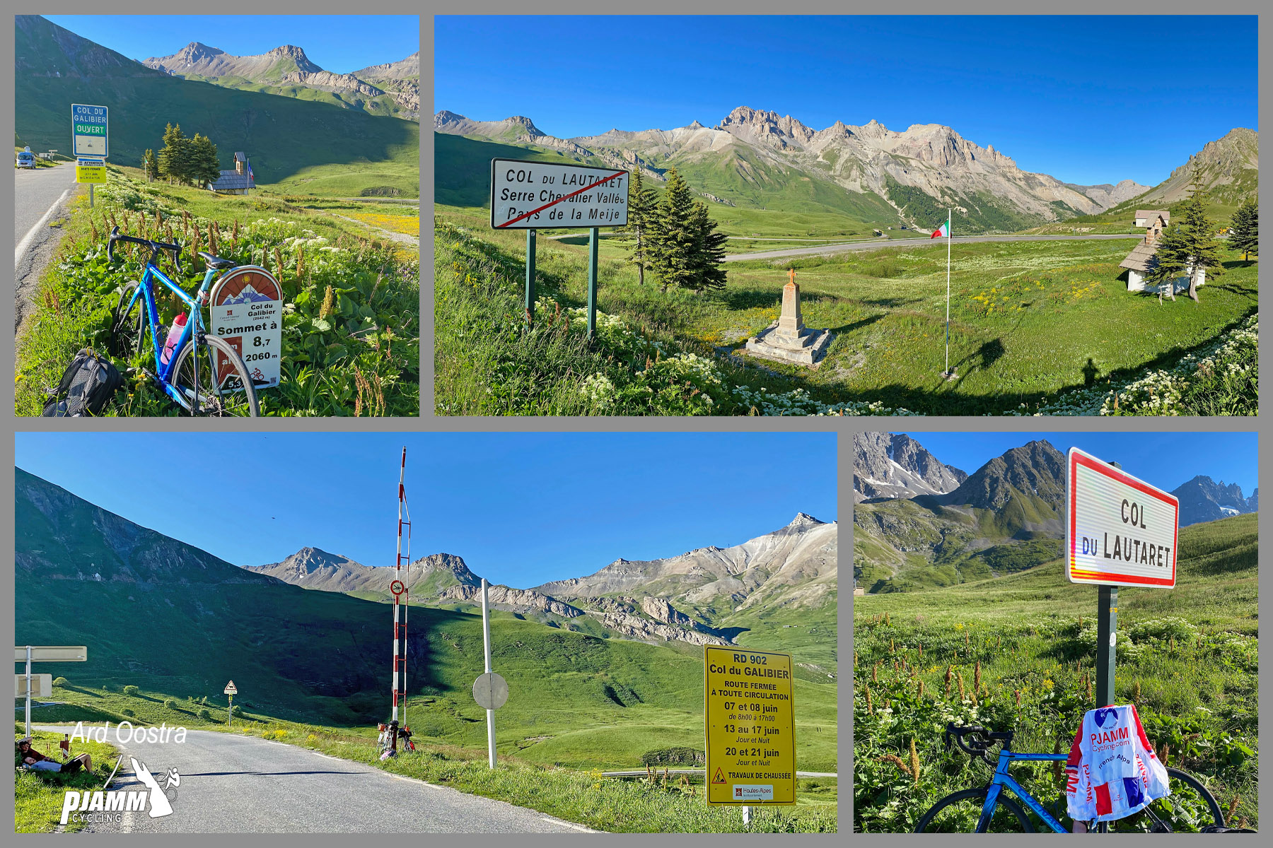 photo collage shows bike parked at various points along the route, grand alps in distance, street signs for Col du Lautaret