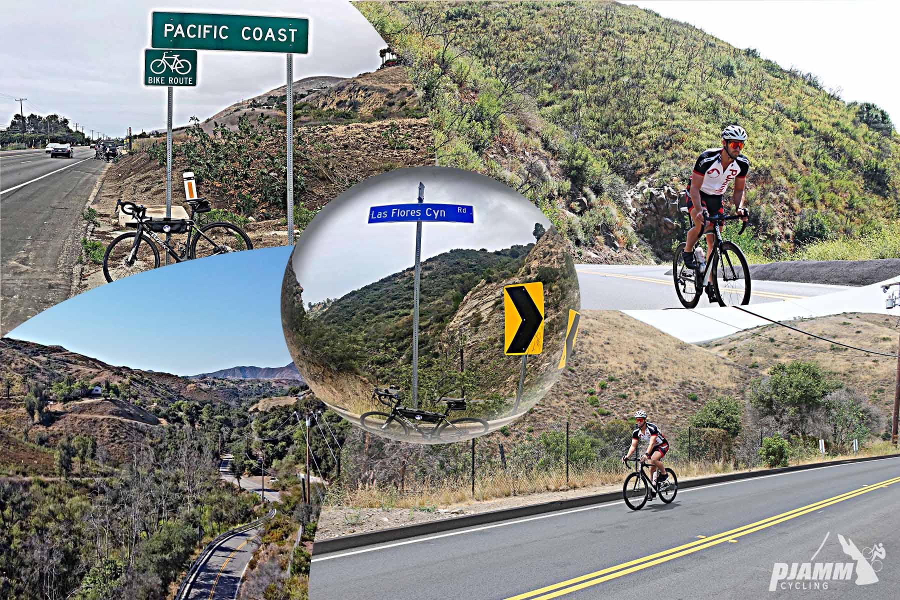 Cycling Las Flores Canyon Road, finishing at Stunt Road - photo collage, bike parked next to sign for Pacific Coast, and next to sign for Las Flores Canyon, cyclists climbing on Las Flores Canyon road, aerial view of roadway