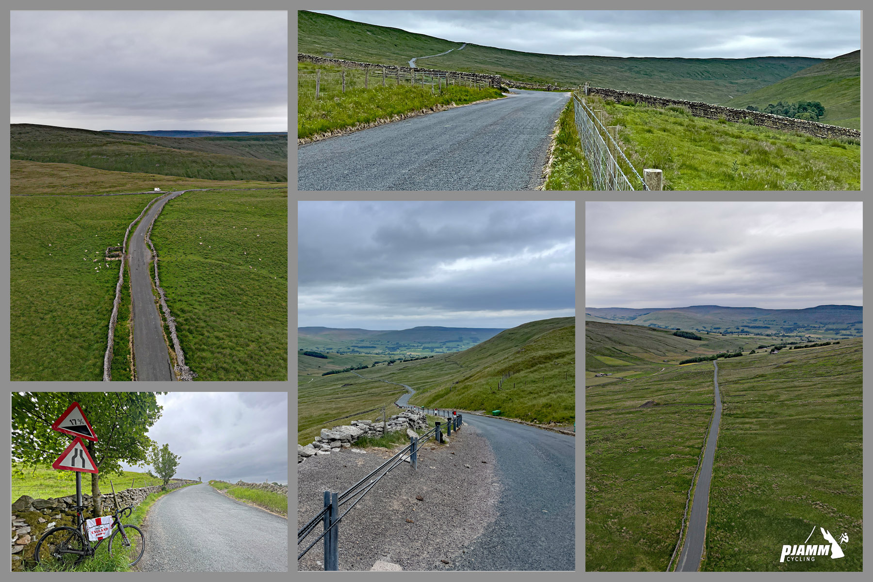 Cycling Fleet Moss, England photo collage shows long straight stretch of one-lane roadway fenced in on both sides by low stone retaining wall, surrounded by green pastures