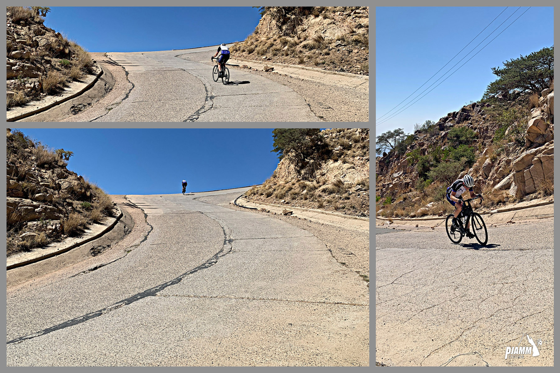 Cycling Rdom Pass, Asir Mountains - Photo collage, PJAMM Cycling logo in corner, PJAMM Cyclist John Johnson rides along the steepest one-mile segment of roadway in the world, 26% grade