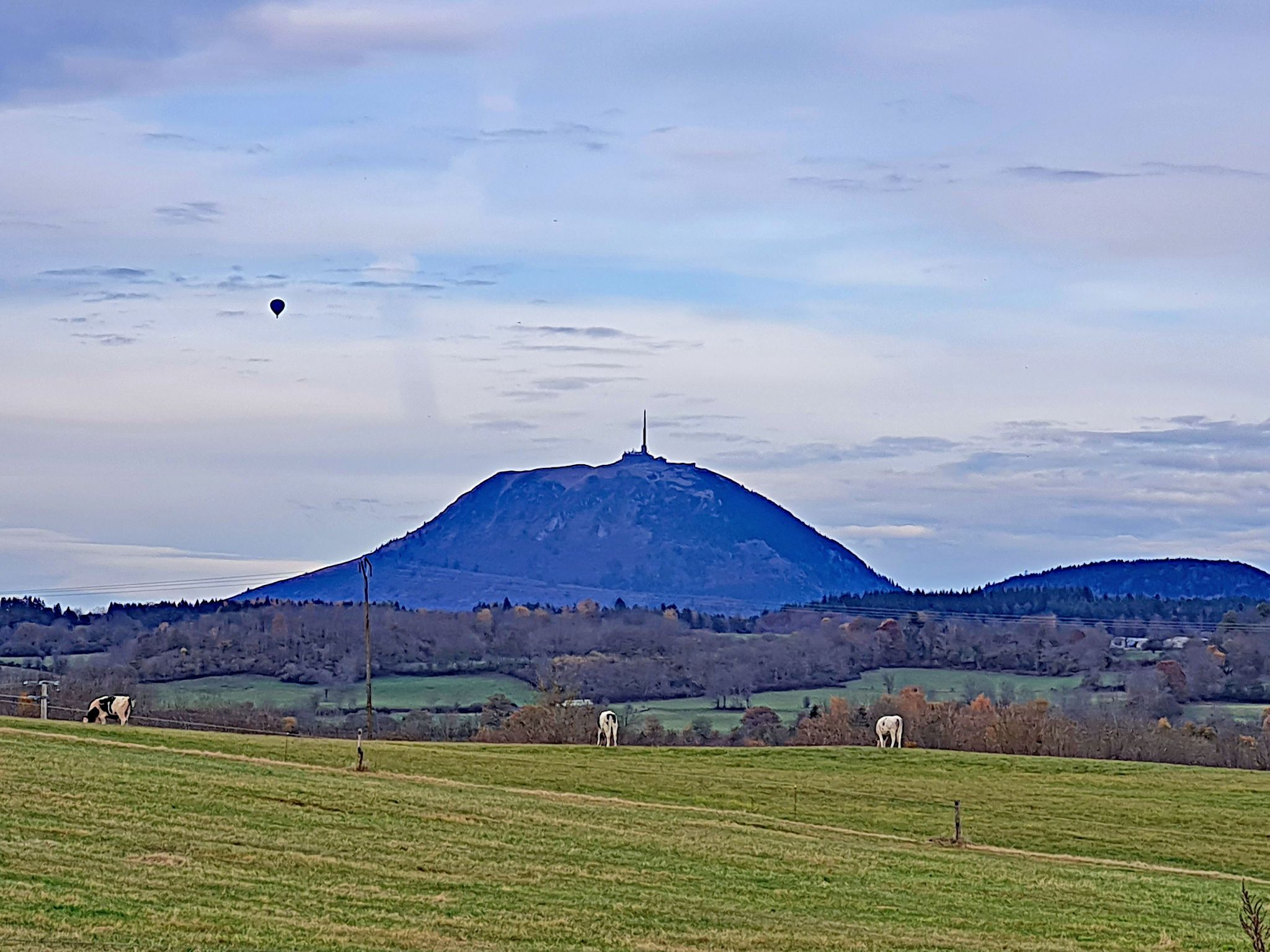 photo shows Puy Dome volcano in distance, green pastureland with cows grazing in foreground
