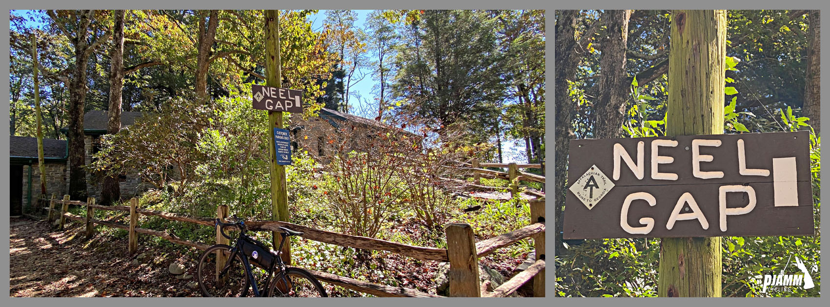 Cycling Neel Gap South, Georgia - bike parked next to wooden sign on post pointing to Neel Gap