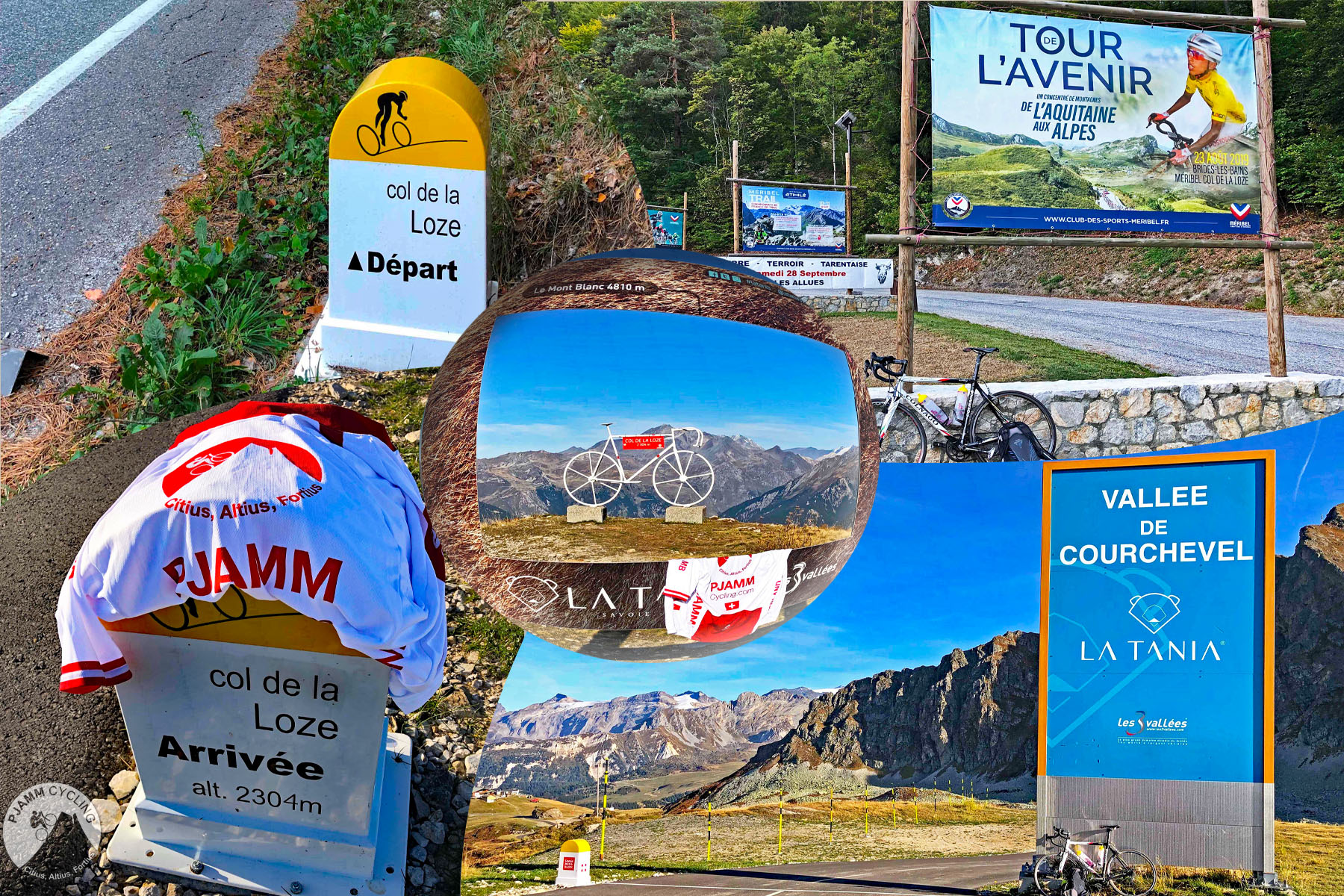photo collage shows yellow and white km markers, large white bike statue at climb's summit, bike parked in front of huge sign reading "VAllee de Courchevel, La Tania", bike parked in front of sign reading "Tour L'avenir"