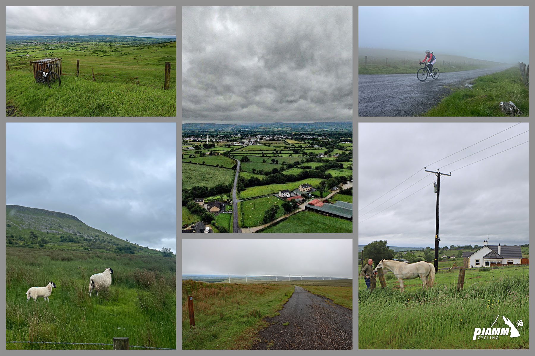 photo collage shows views along climb, including tall green pastures, white sheep grazing, foggy overcast day with pastures below