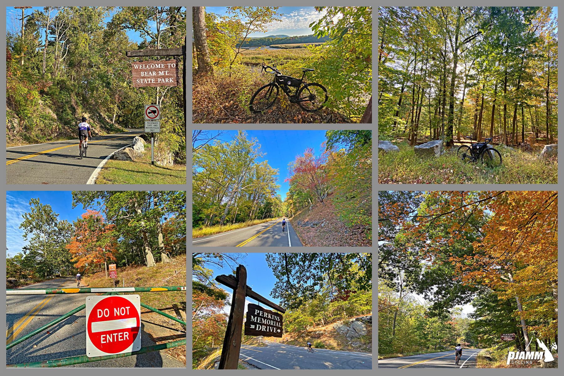 Cycling Bear Mountain, New York - photo collage, views of Bear Mountain in the fall foliage, PJAMM Cycling logo in corner