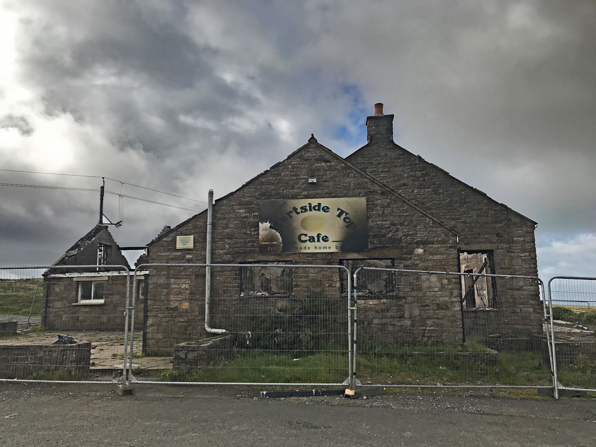 Cycling Hartside, UK - view of Hartside Top Cafe after fire