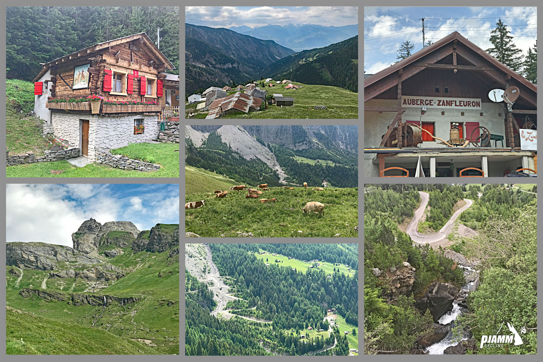 Cycling Sanetsch Pass, Switzerland - Swiss Alps, Swiss Chalets, switchbacks leading up mountainside, pastureland with cattle grazing, waterfalls