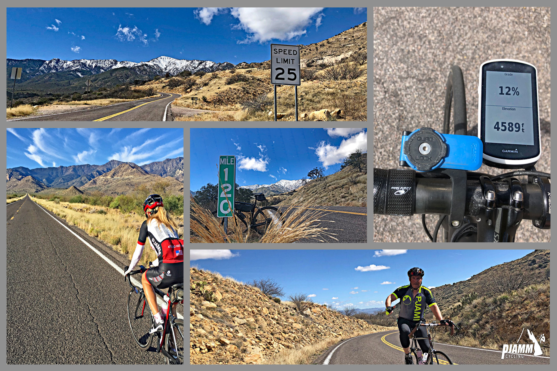 Cycling Mt. Graham, Arizona - photo collage, cyclists ride on straight, two-lane roadway surrounded by high desert, speed limit 25 MPH sign, mile marker 120 sign, PJAMM Cycling logo in corner
