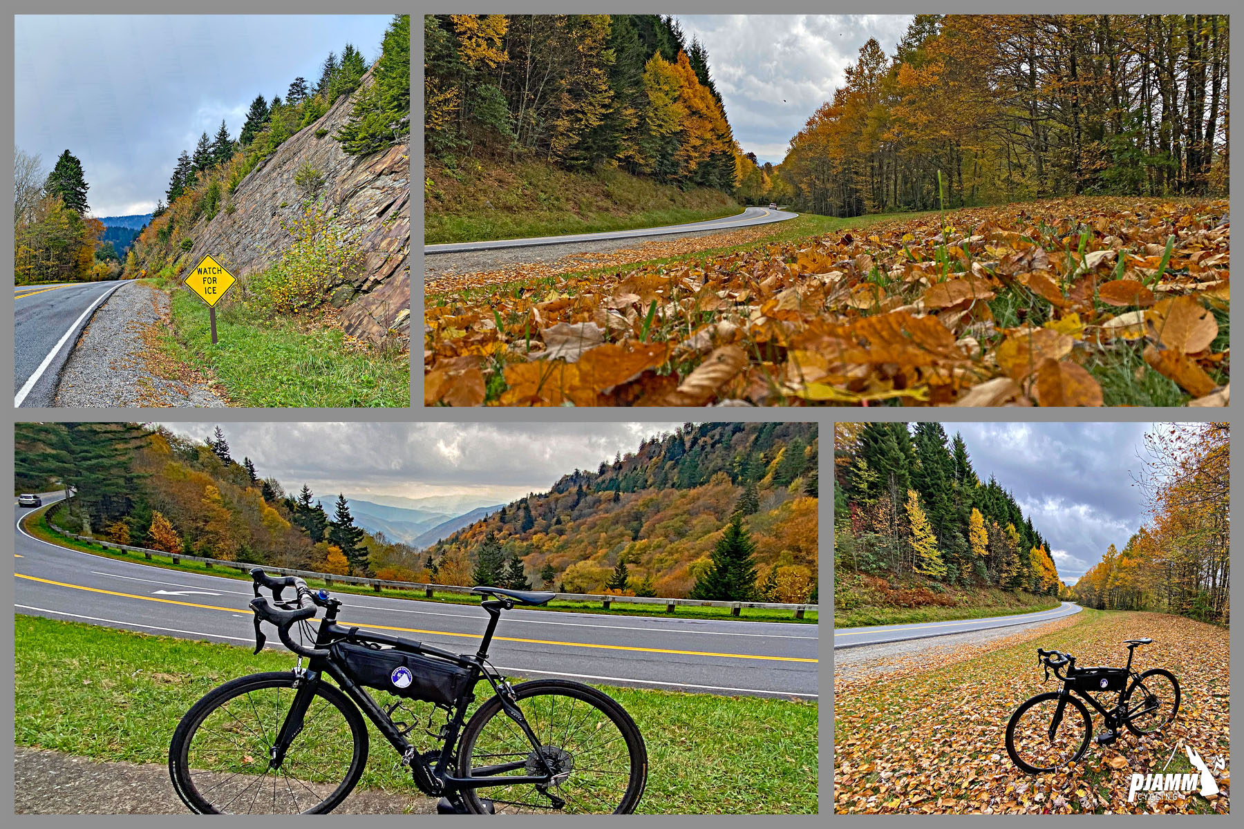 Cycling Clingmans Dome, North Carolina - bike parked along various points along the Clingmans Dome bike climb, fall colors, PJAMM Cycling logo in corner