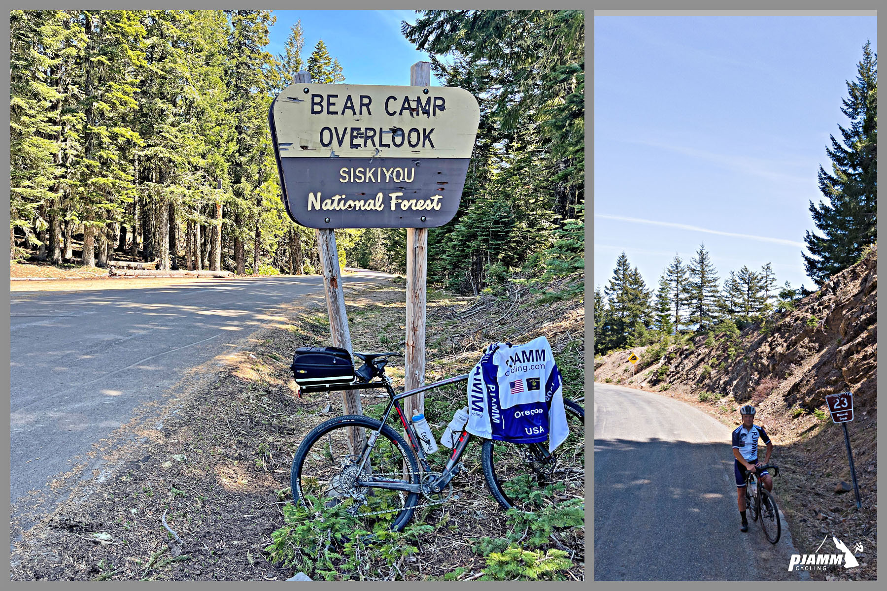 Bike with PJAMM Cycling jersey draped over it parked next to sign for Bear Camp Overlook, Siskiyou National Forest