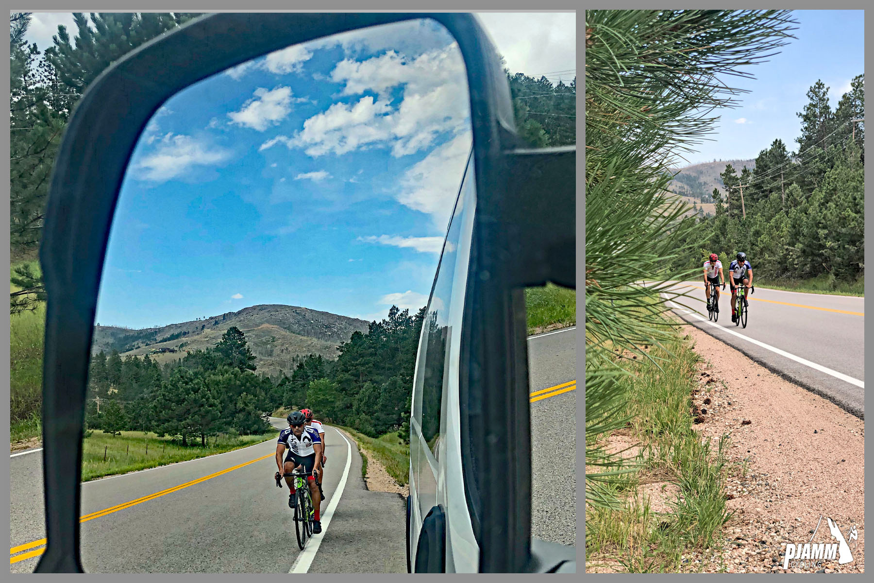 Cycling Rist Canyon East - rear-view mirror view of two cyclists approaching SAG vehicle