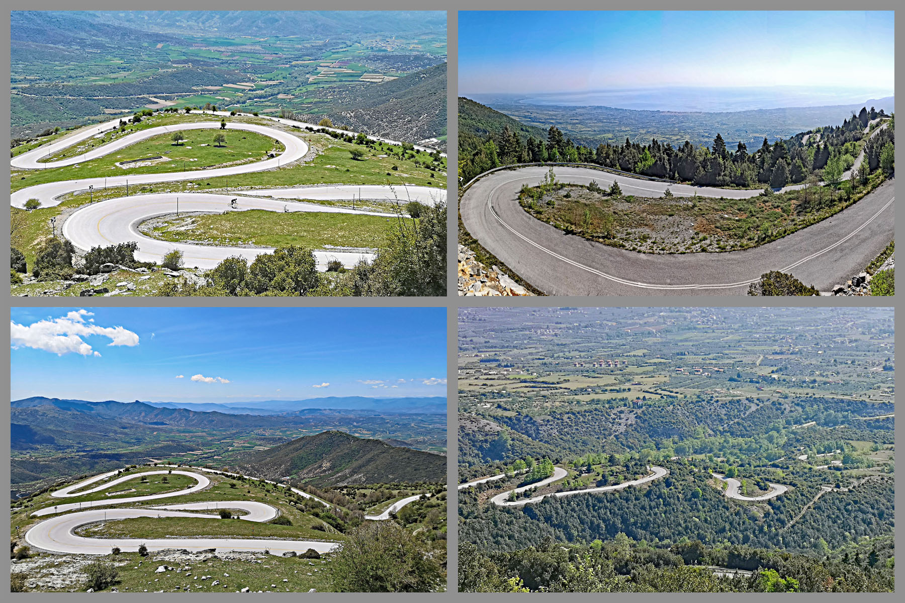 Cycling Mount Olympus, Greece - aerial views looking down on Mount Olympus's snaking roadway as it switchbacks up the mountainside