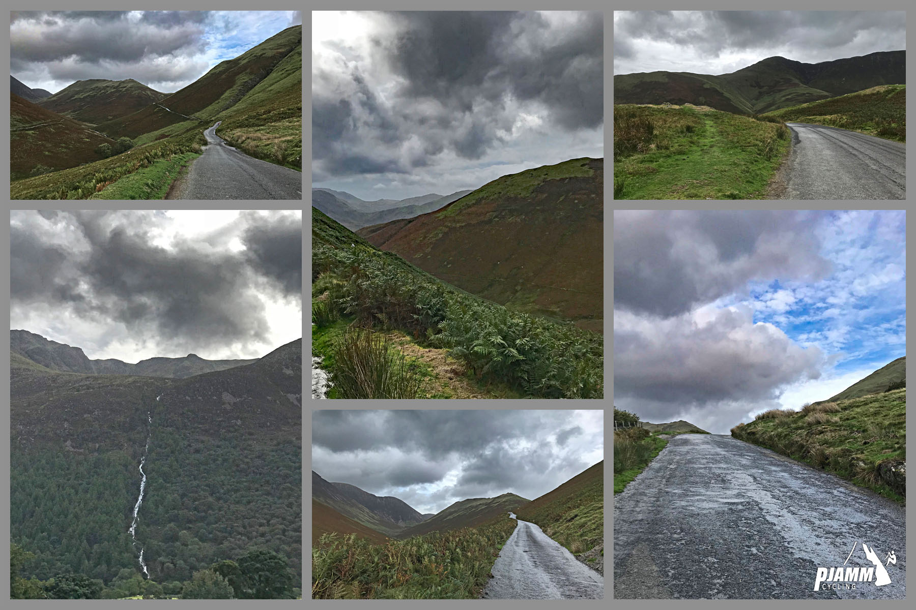 photo collage of road conditions and climb views through a canyon