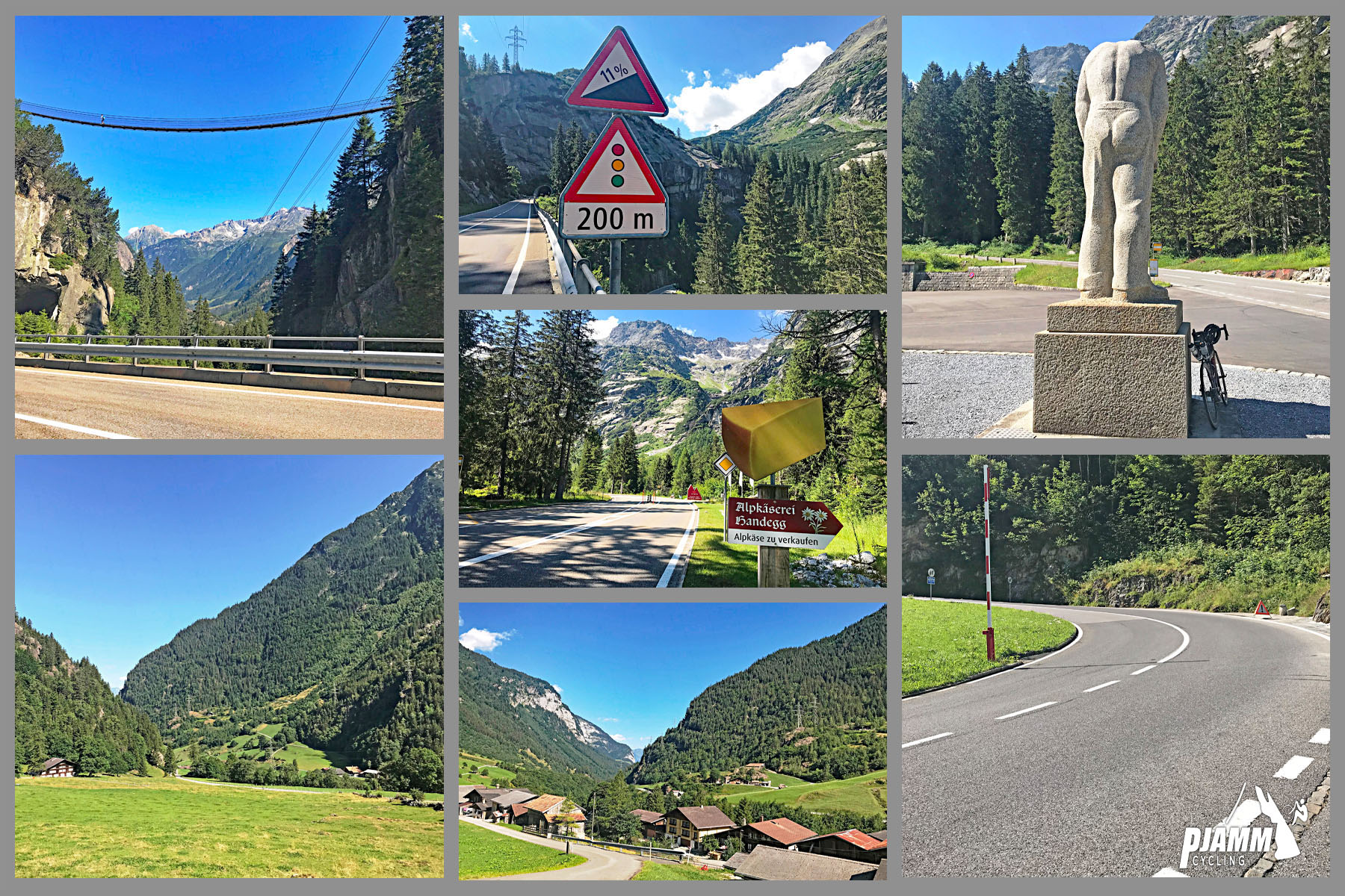 Cycling Grimselpass, Intertkirchen, Switzerland - sights along the climb, swiss alps, forestation, sign for cheese, large stone statue of a mountaineer, PJAMM Cycling logo in corner
