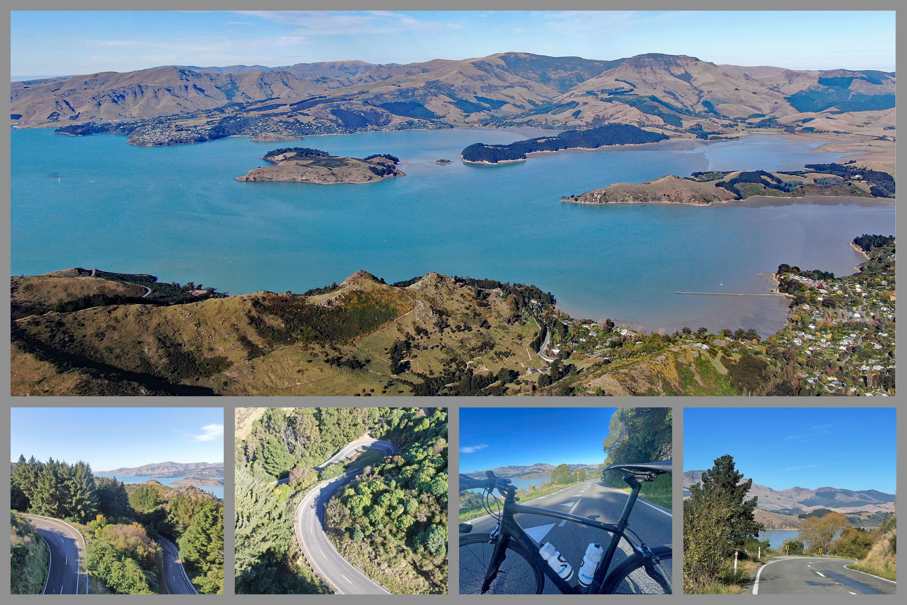 aerial drone views of Governors Bay, and roadway through mountains