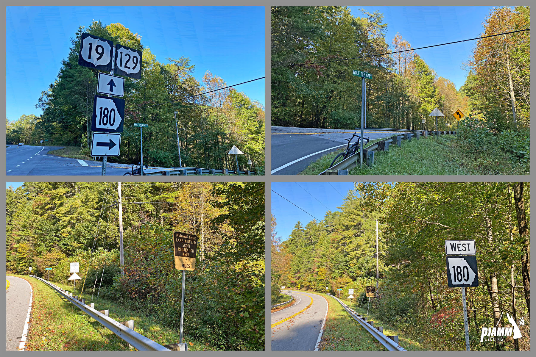 Cycling Wolfpen Gap East, Georgia - road signs for highways 19, 129, and 180