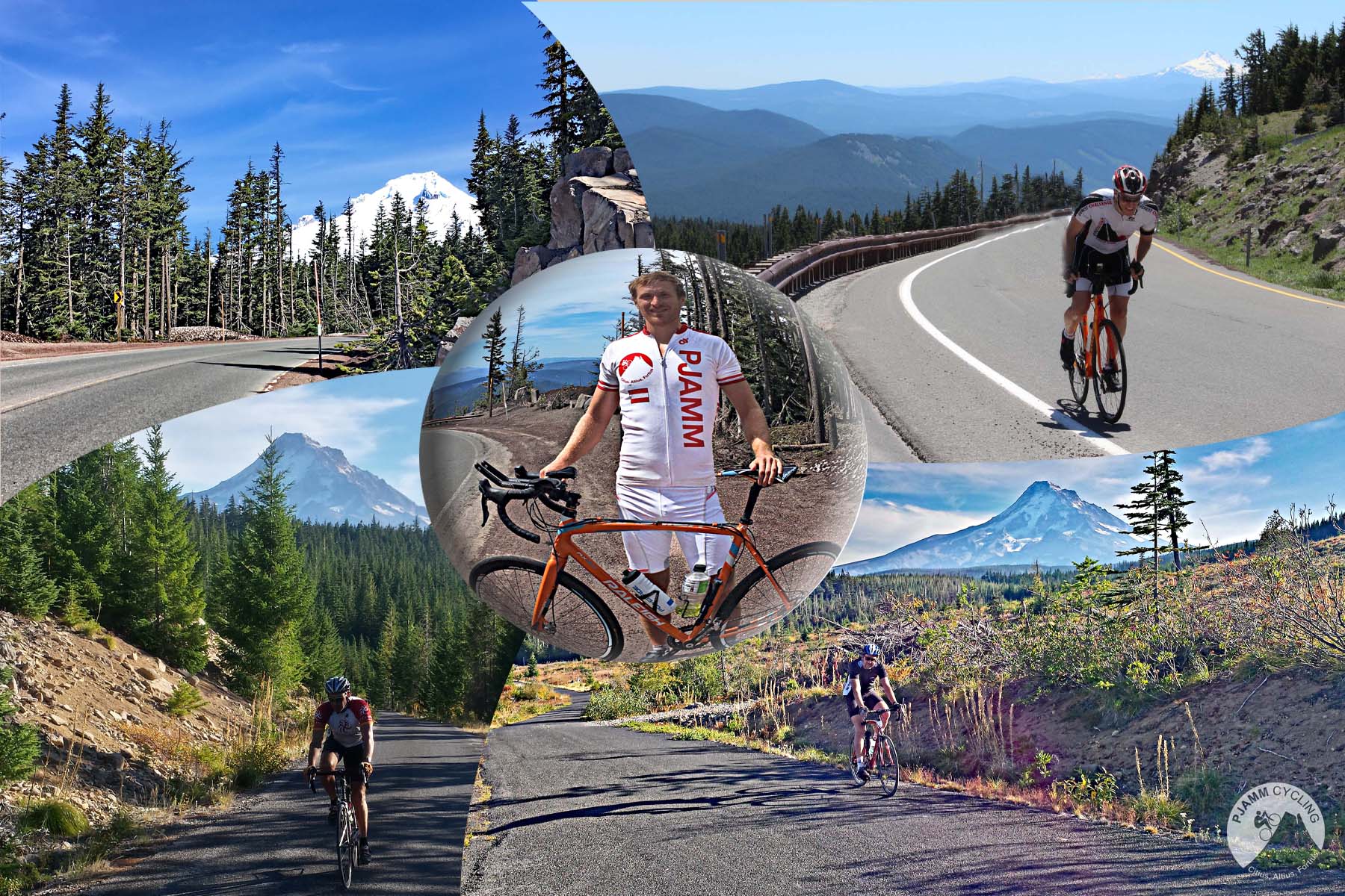 photo collage, cyclists climb on one-lane mountain highway up to Mt. Hood, Mt. hood can be seen in the distance, snow covered mountain, evergreen trees