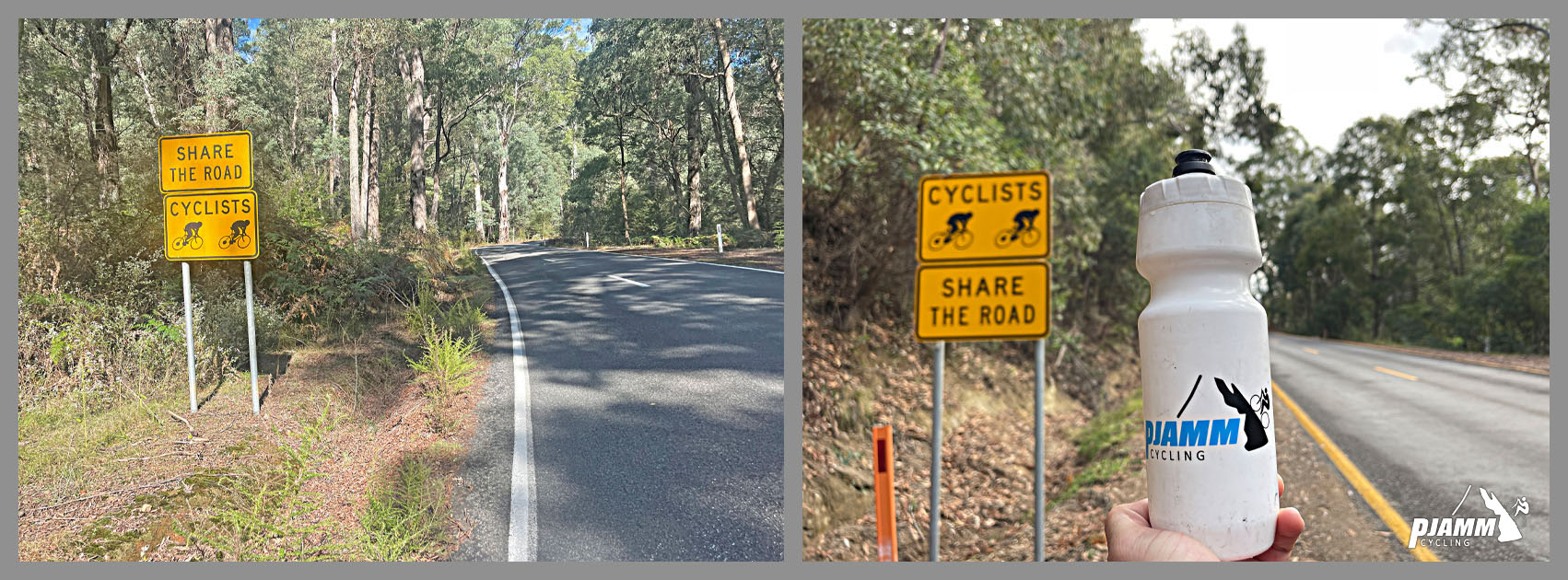 road signs along the climb reminding drivers to share the road with cyclists