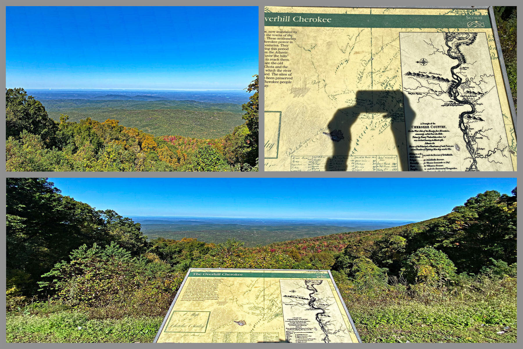 Cycling Cherohala Skyway, Tennessee - informational signs at overlook with dense fall foliage