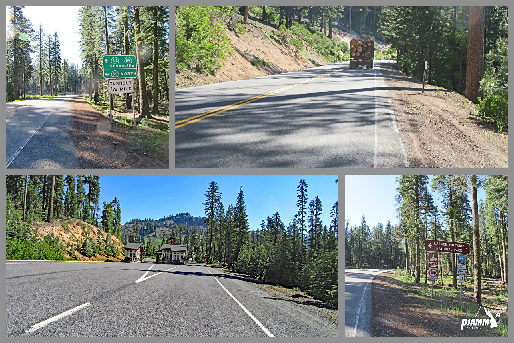 Cycling Mt. Lassen South - photo collage, PJAMM Cycling logo in corner, views along first 10 miles of climb, two-lane stretch of freeway, toll booth, logging truck, road signs