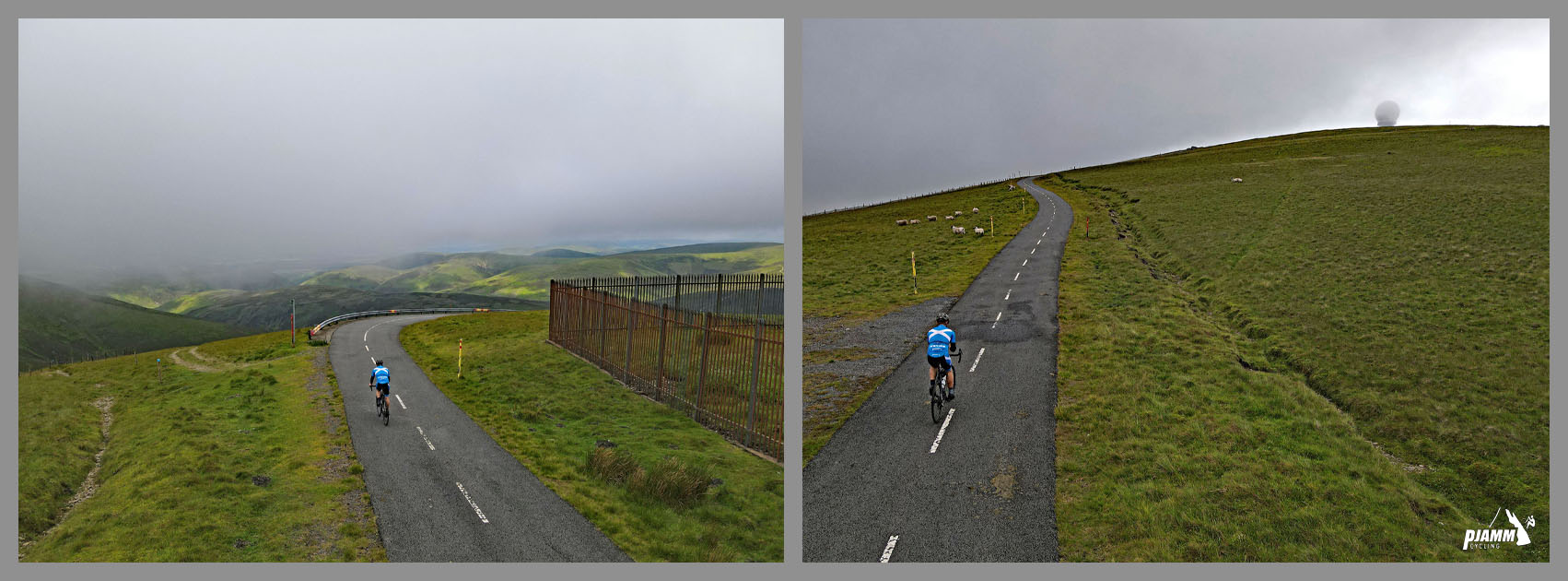 Cycling Mennock Pass, Scotland PJAMM Cyclist climbs on two-lane roadway past green hillsides on a foggy day