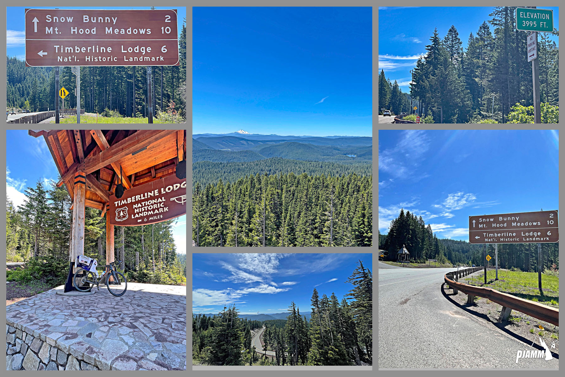 climb's finish, Timberline Lodge, sign for Mt. Hood Meadows, views looking down over evergreen forests