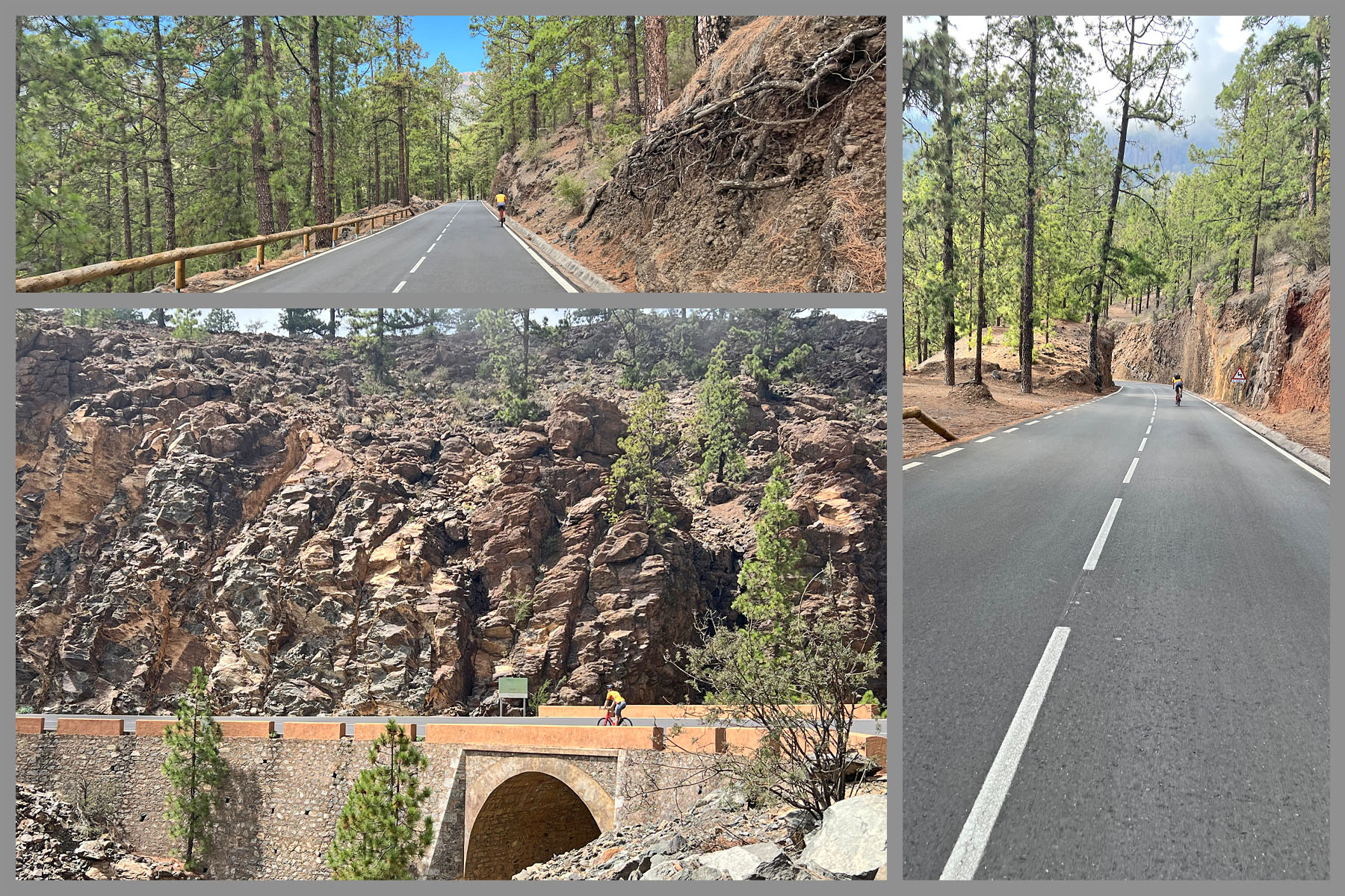 Cycling Mount Teide El Medano, Spain photo collage shows two-lane highway roadway passing through alpine setting, craggy rocks