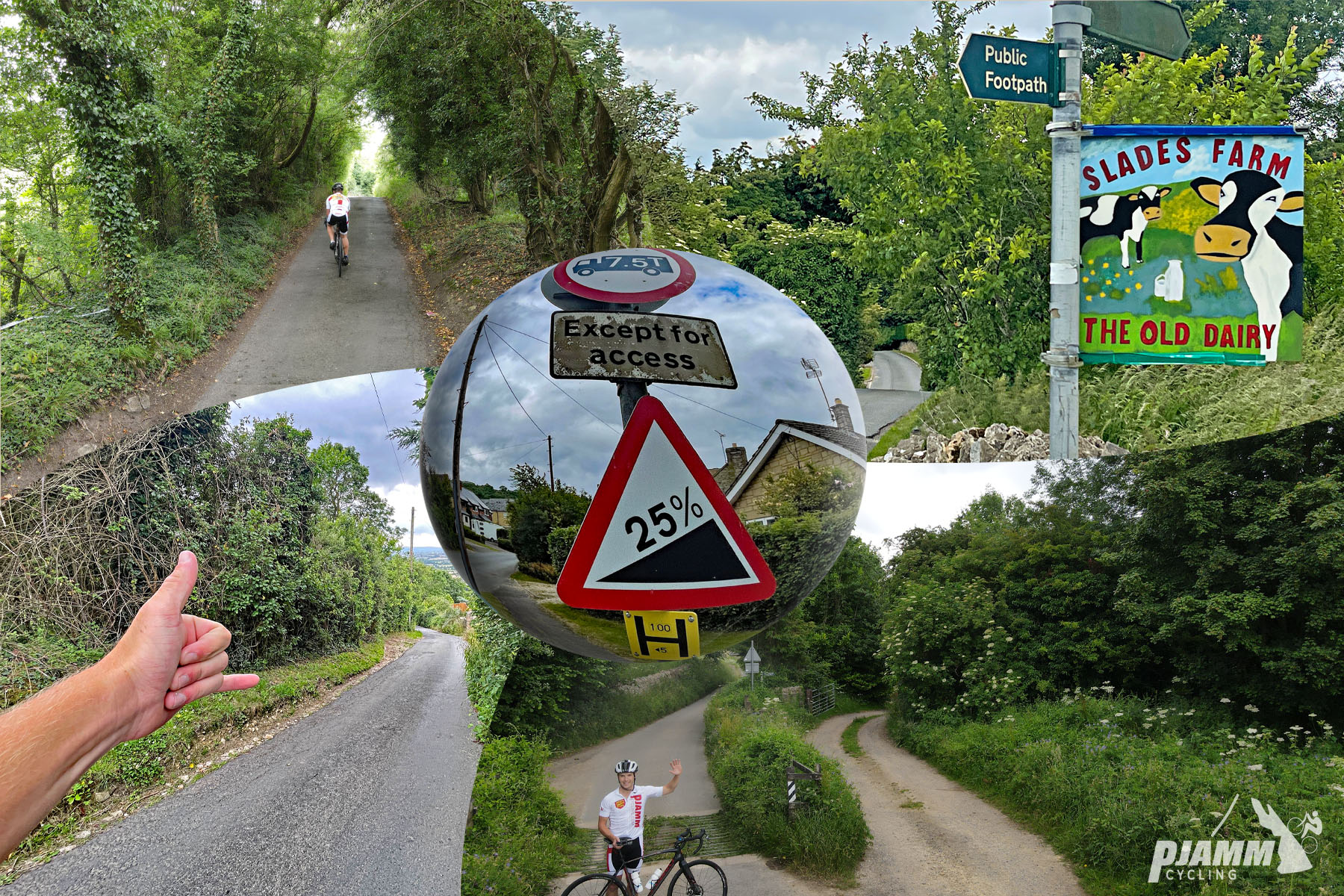 photo collage; narrow, one-lane roadway lined with dense forestation and greenery, sign for 25% grade