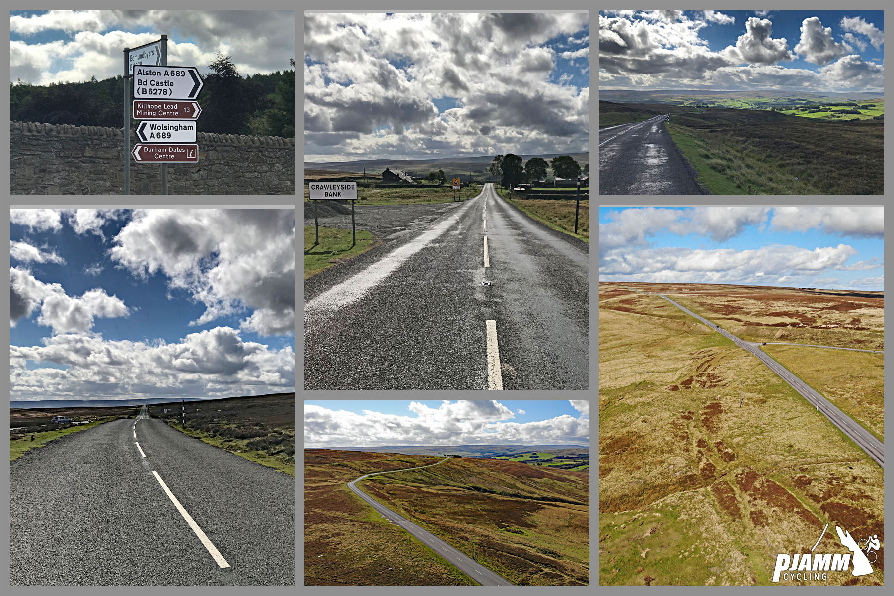 Cycling Crawleyside - photo collage, road signs, stretches of straight two-lane roads, arial view of straight road line with pastures