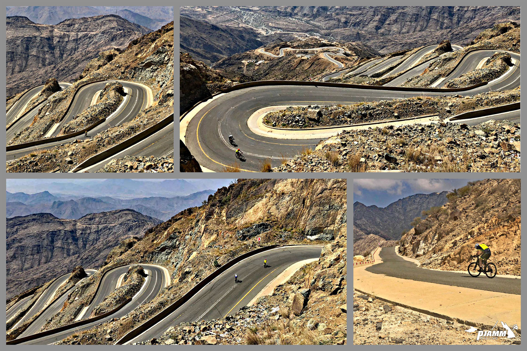 Cycling Bashout Pass, Saudi Arabia - photo collage highlights hairpins on this climb