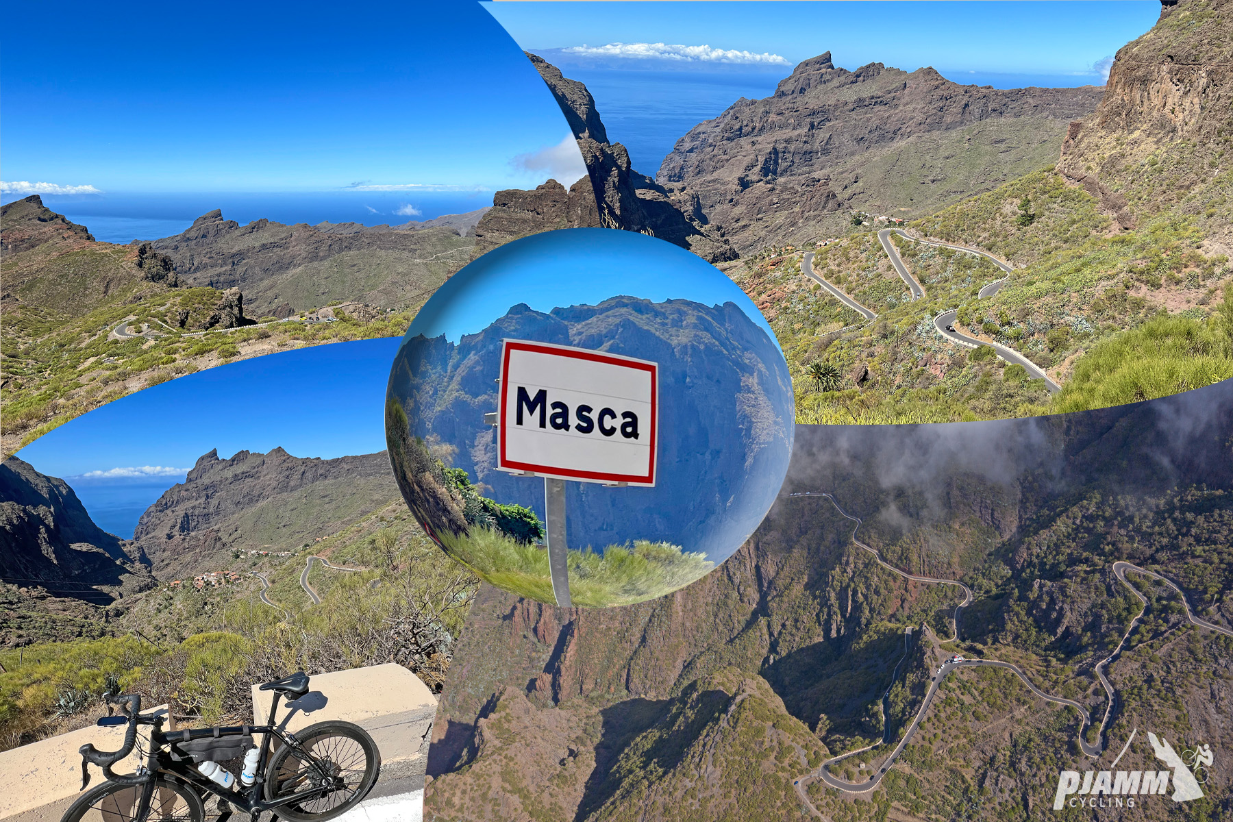 photo collage shows vies of the Masca climb, white road sign reading "Masca," aerial drone views of roadway snaking through mountainous terrain